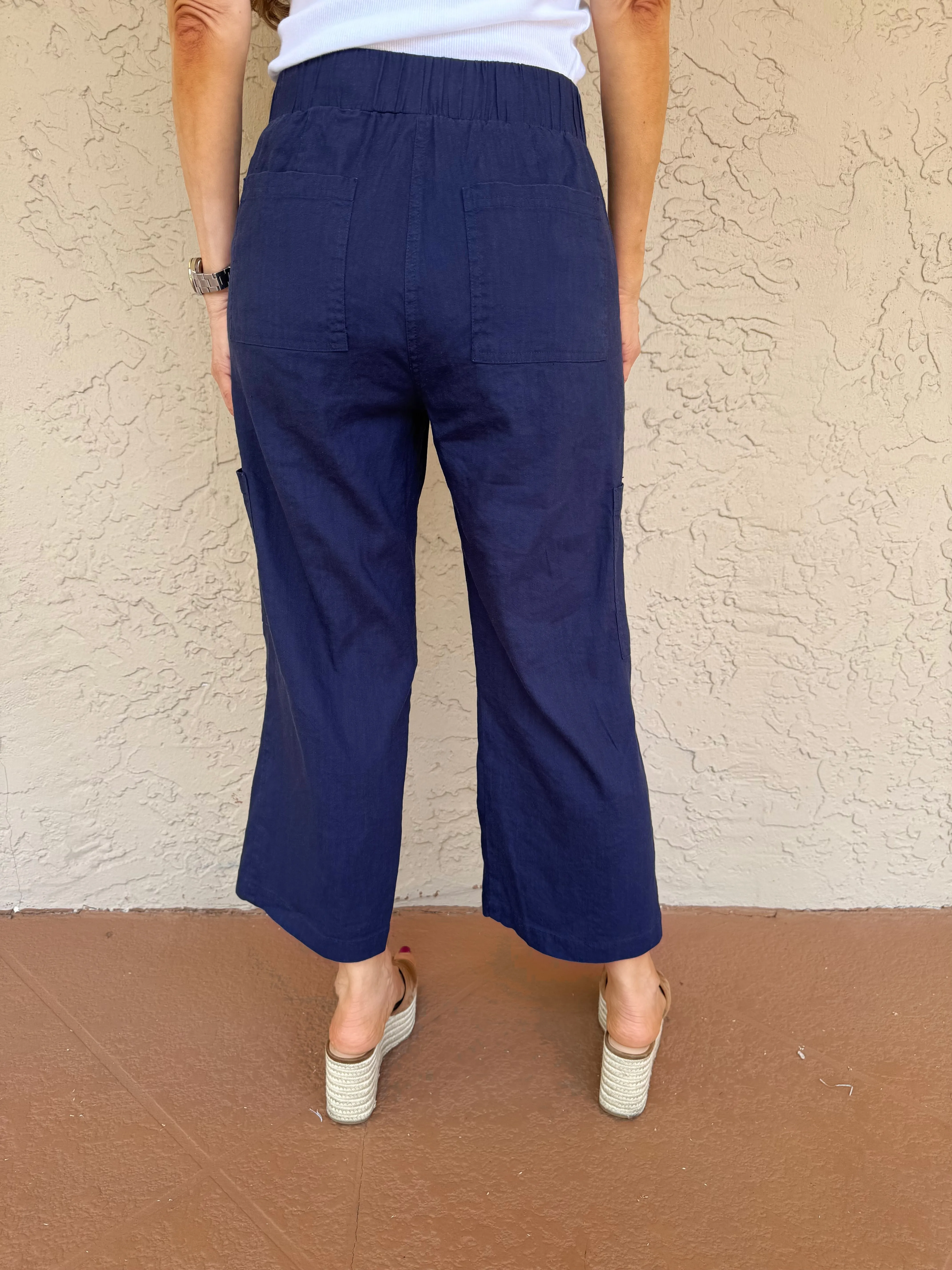 Coastal Charm Linen Cargo Pants - Blue