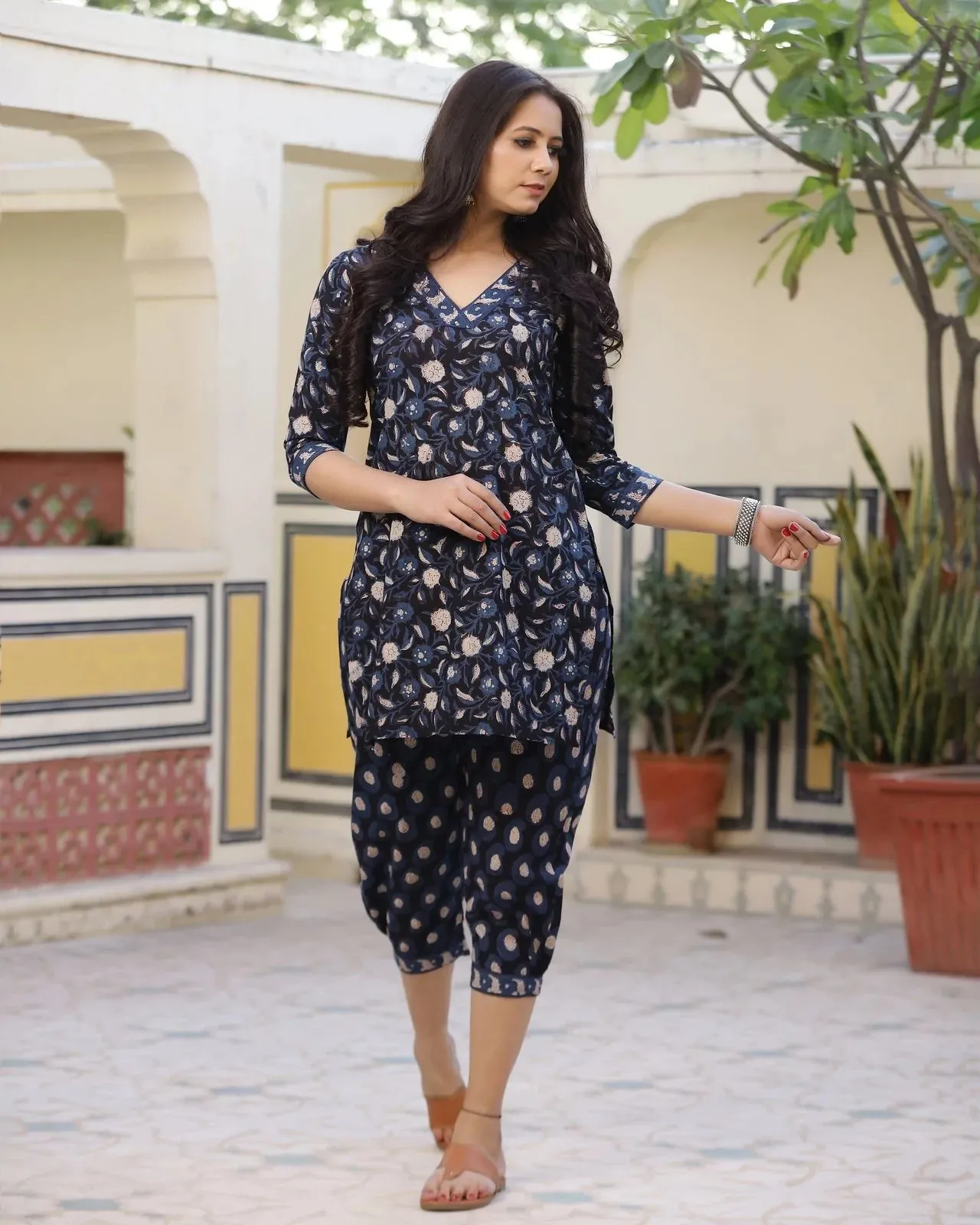 Cotton Blue Bagru Print Kurta Pant Set