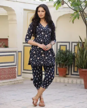 Cotton Blue Bagru Print Kurta Pant Set