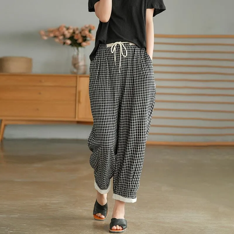 Cotton Linen Plaid Drawstring Pocket Casual Pants OP1023