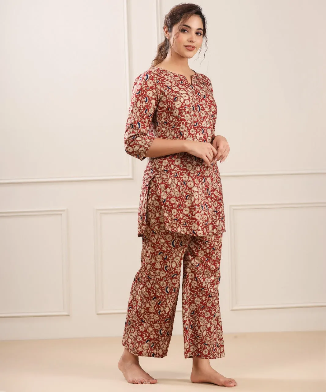 Floral Canopy on Red Cotton Palazzo Loungewear Set