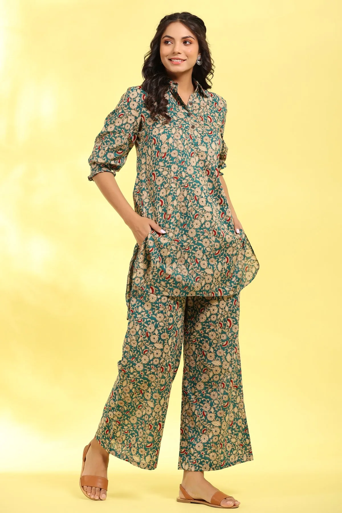 Floral Mosaics on collared Green Cotton Palazzo Loungewear Set