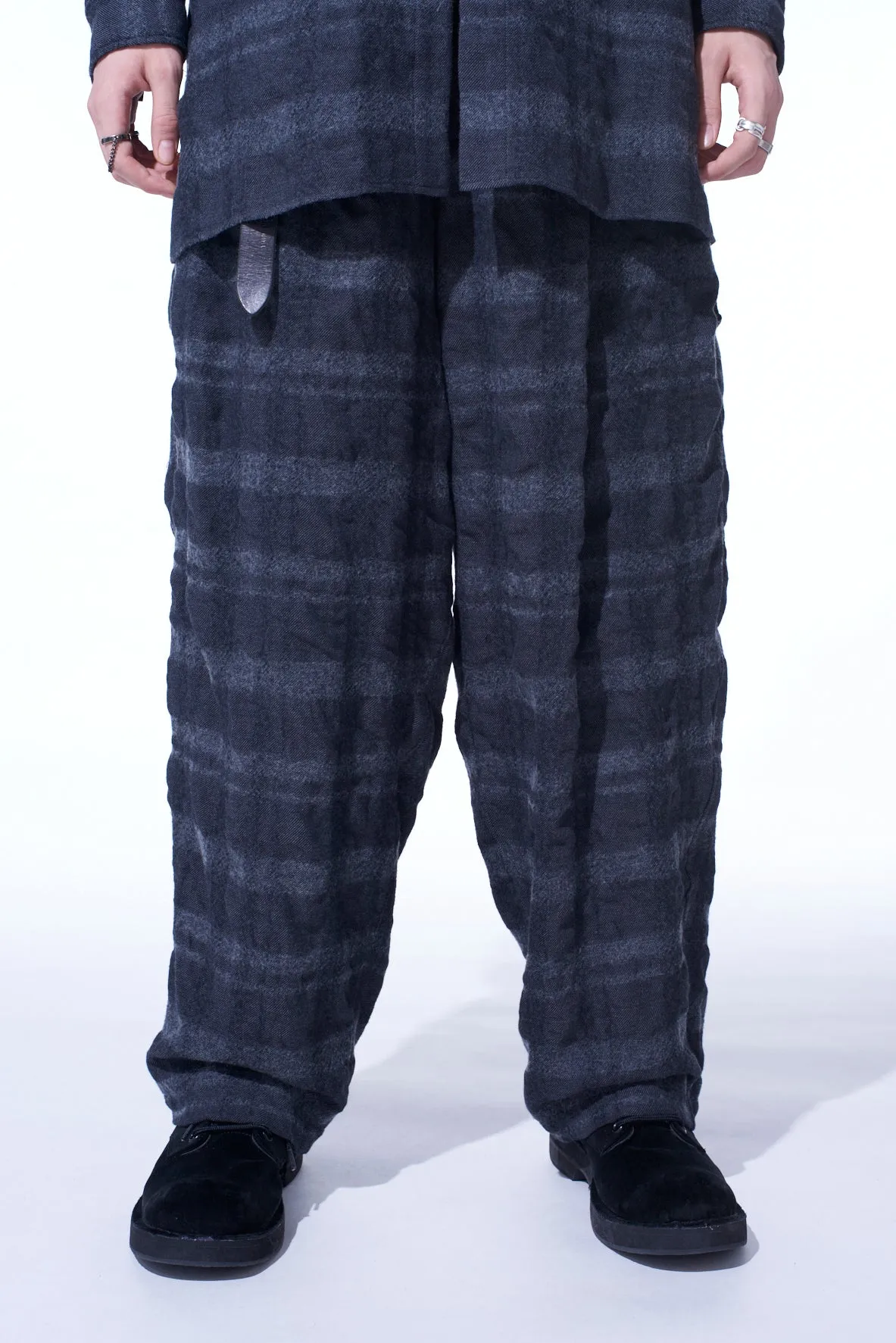 FULLING FINISHED SHADOW CHECK 3-TUCK WIDE TROUSERS