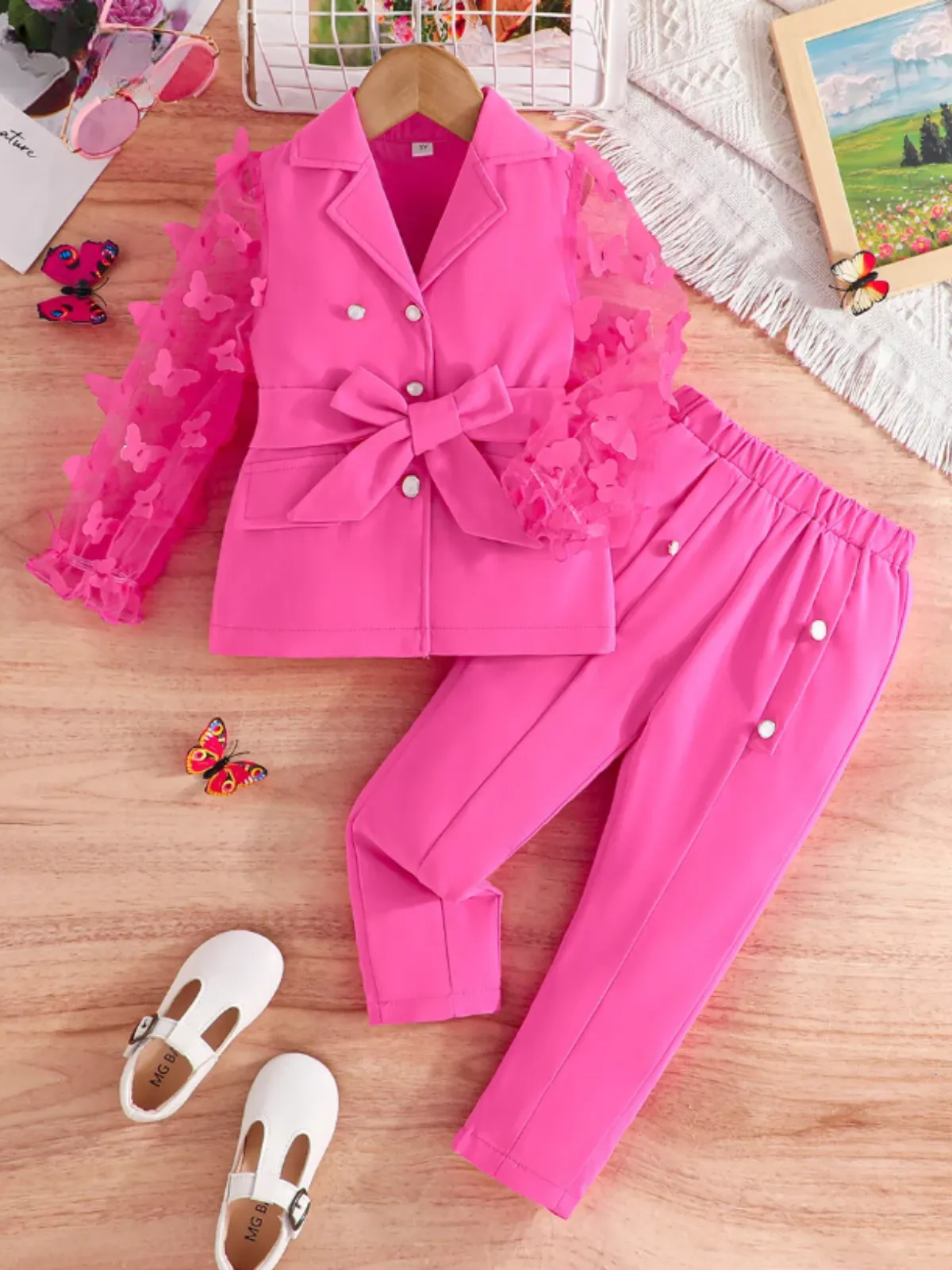 Girls Butterfly Sleeve Blazer Top and Pants Set