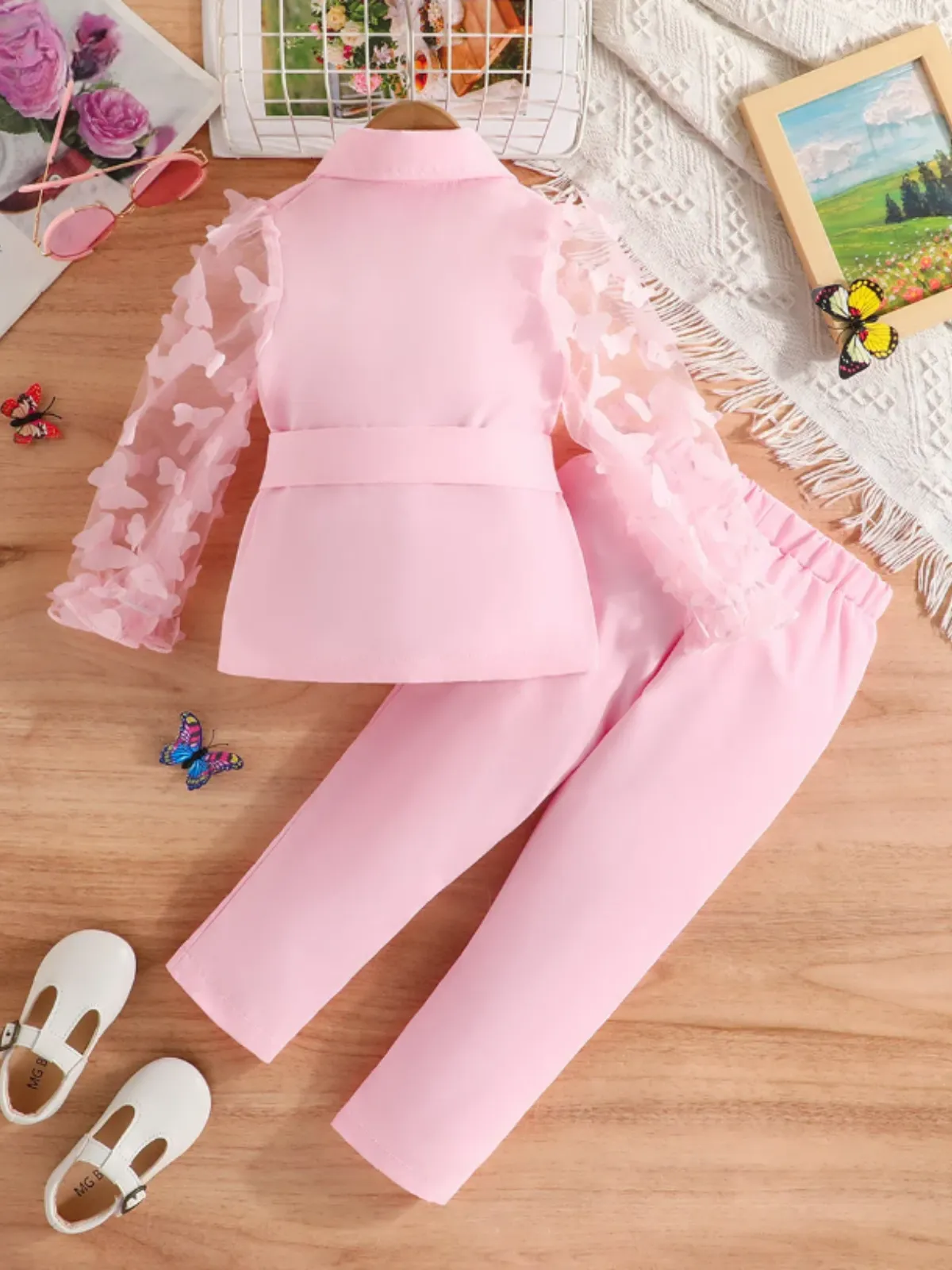 Girls Butterfly Sleeve Blazer Top and Pants Set