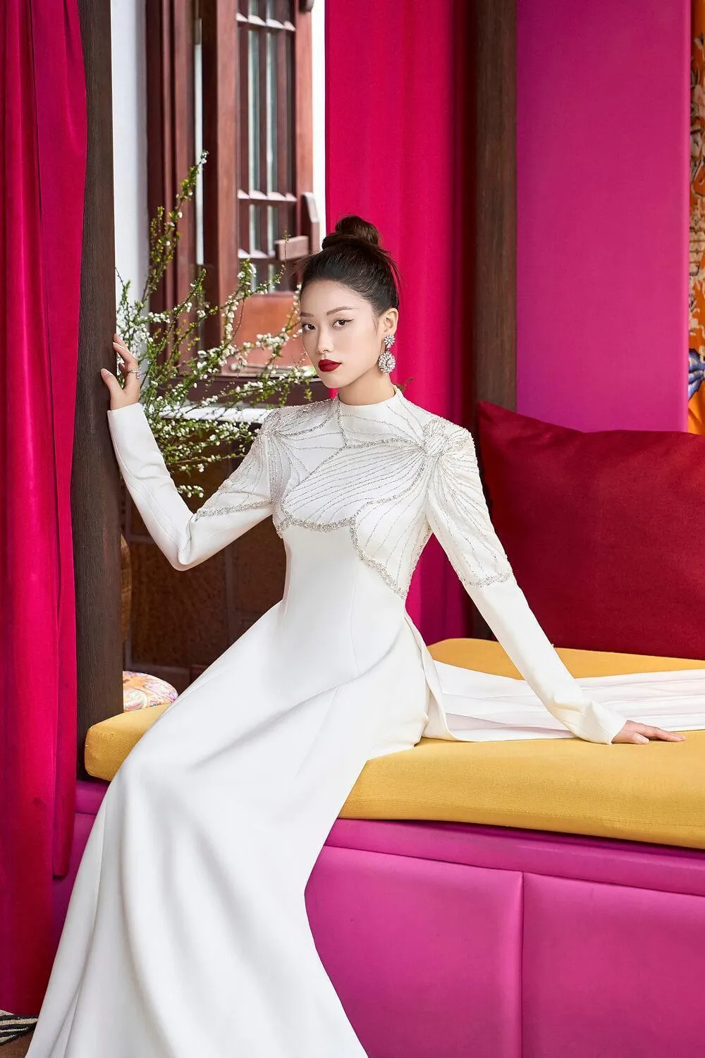 Glamor A-line High Neck Velvet Satin Floor Length Ao Dai