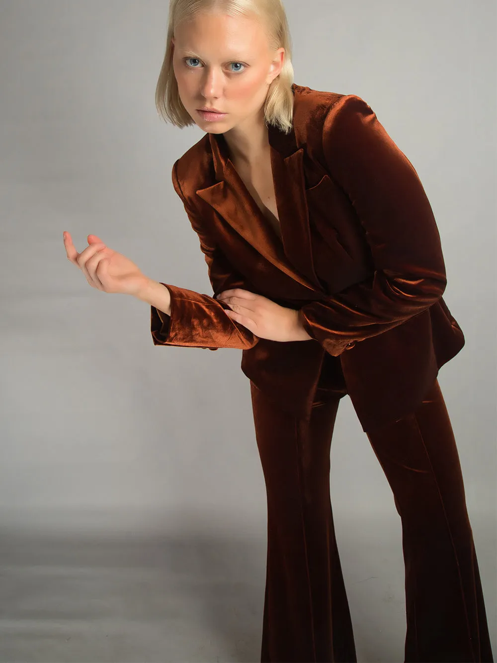 HINIYA Velvet Blazer & Flared Pants Set in Brown