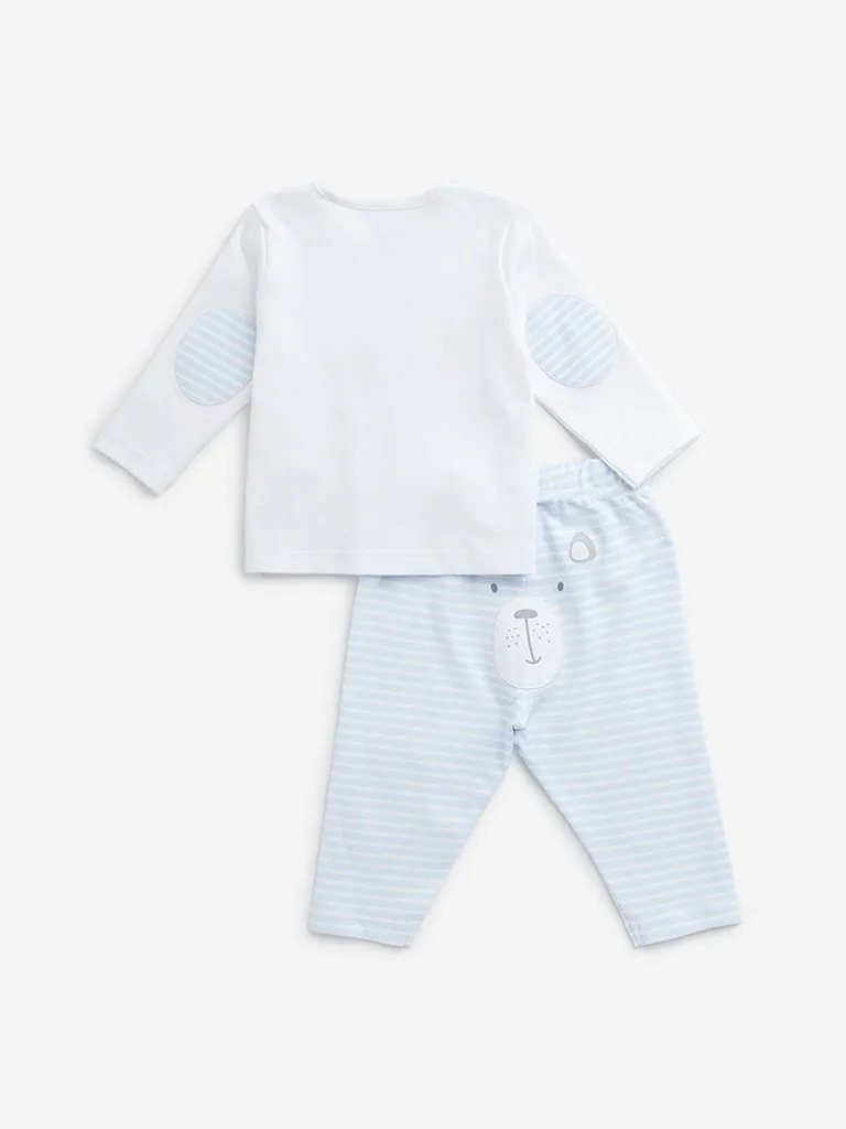 HOP Baby Light Blue Animal Print Cotton T-Shirt & Pants Set