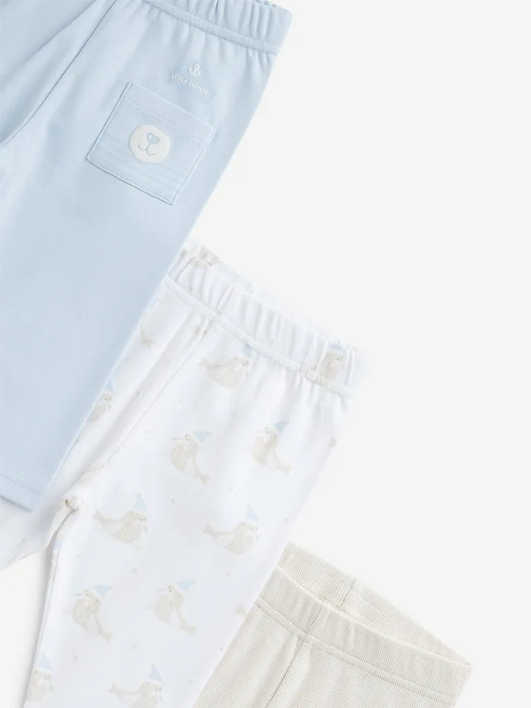 HOP Baby Light Blue Printed Cotton Pants - Pack of 3