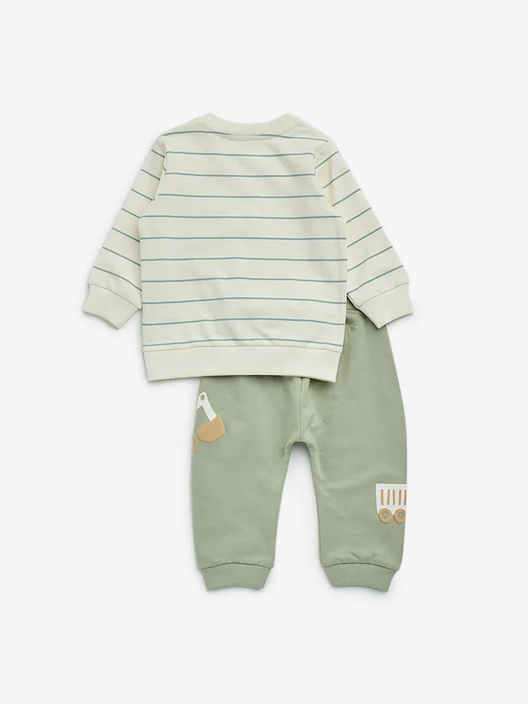 HOP Baby Sage Striped Cotton T-Shirt and Pants Set