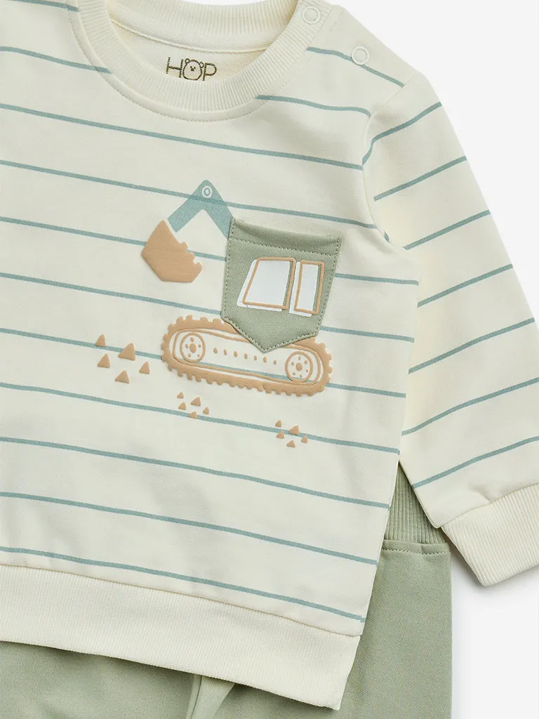 HOP Baby Sage Striped Cotton T-Shirt and Pants Set