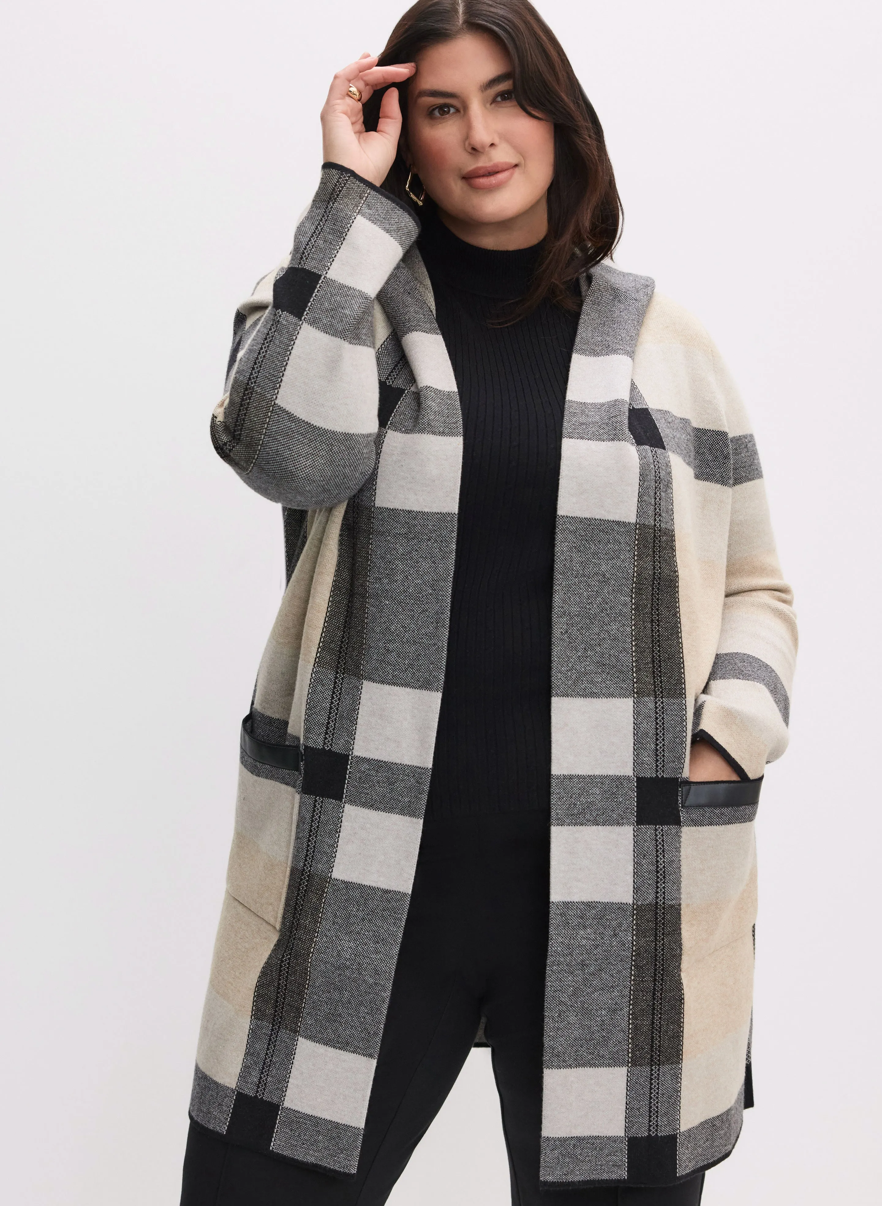 Joseph Ribkoff - Hooded Plaid Print Cardigan