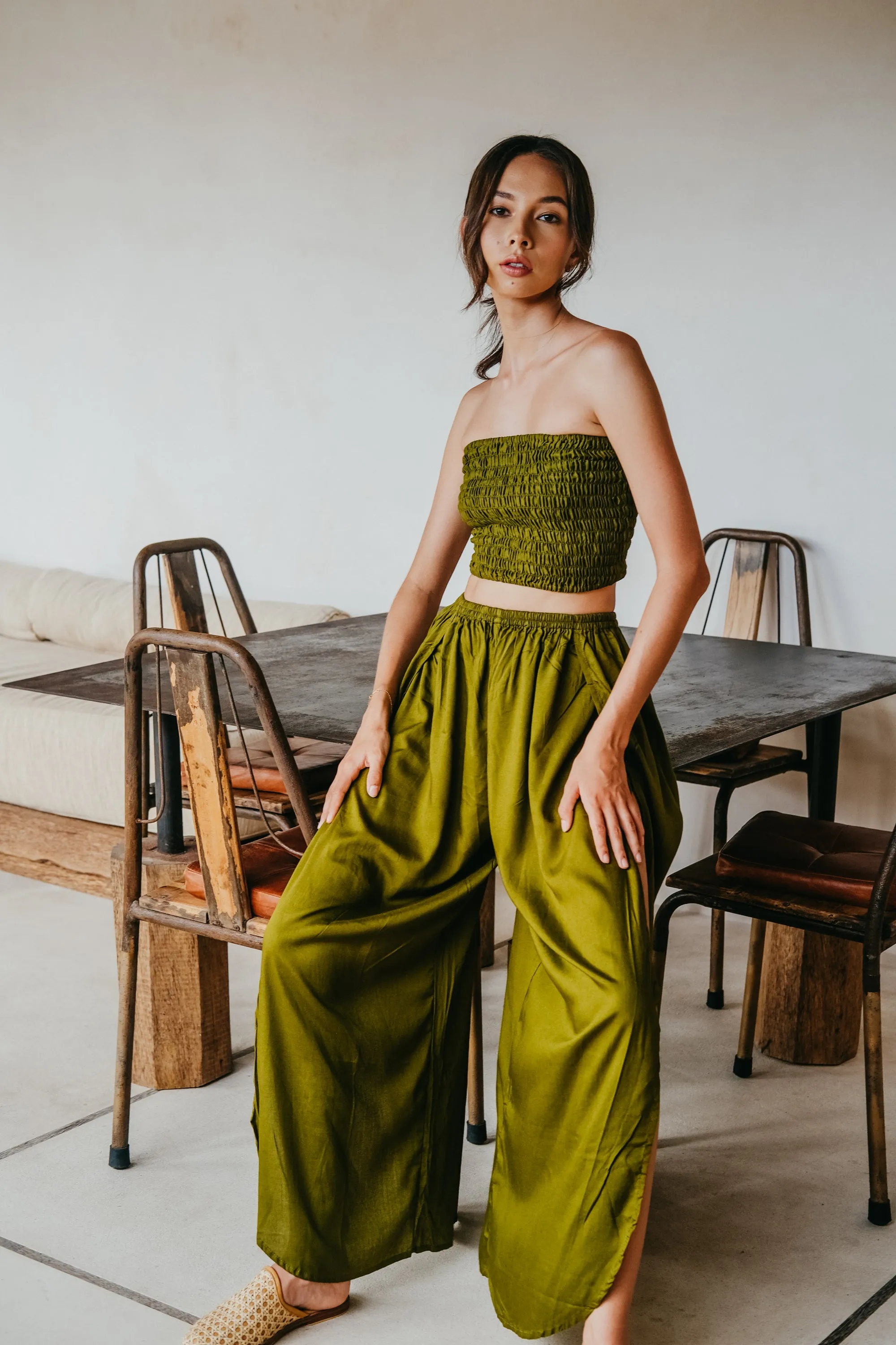 Judith Side Split Pants With Matching Tube Top Set in Olive