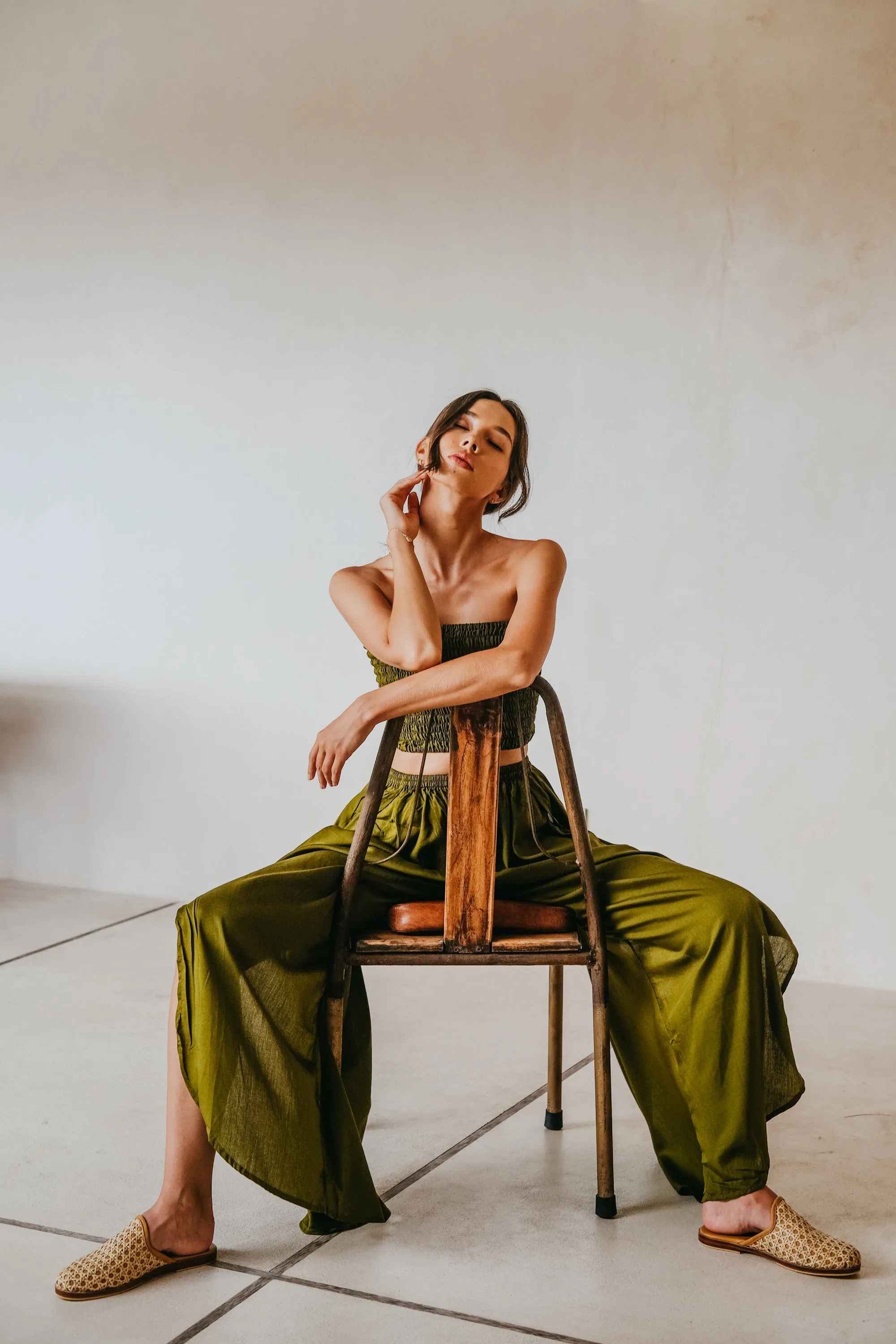 Judith Side Split Pants With Matching Tube Top Set in Olive