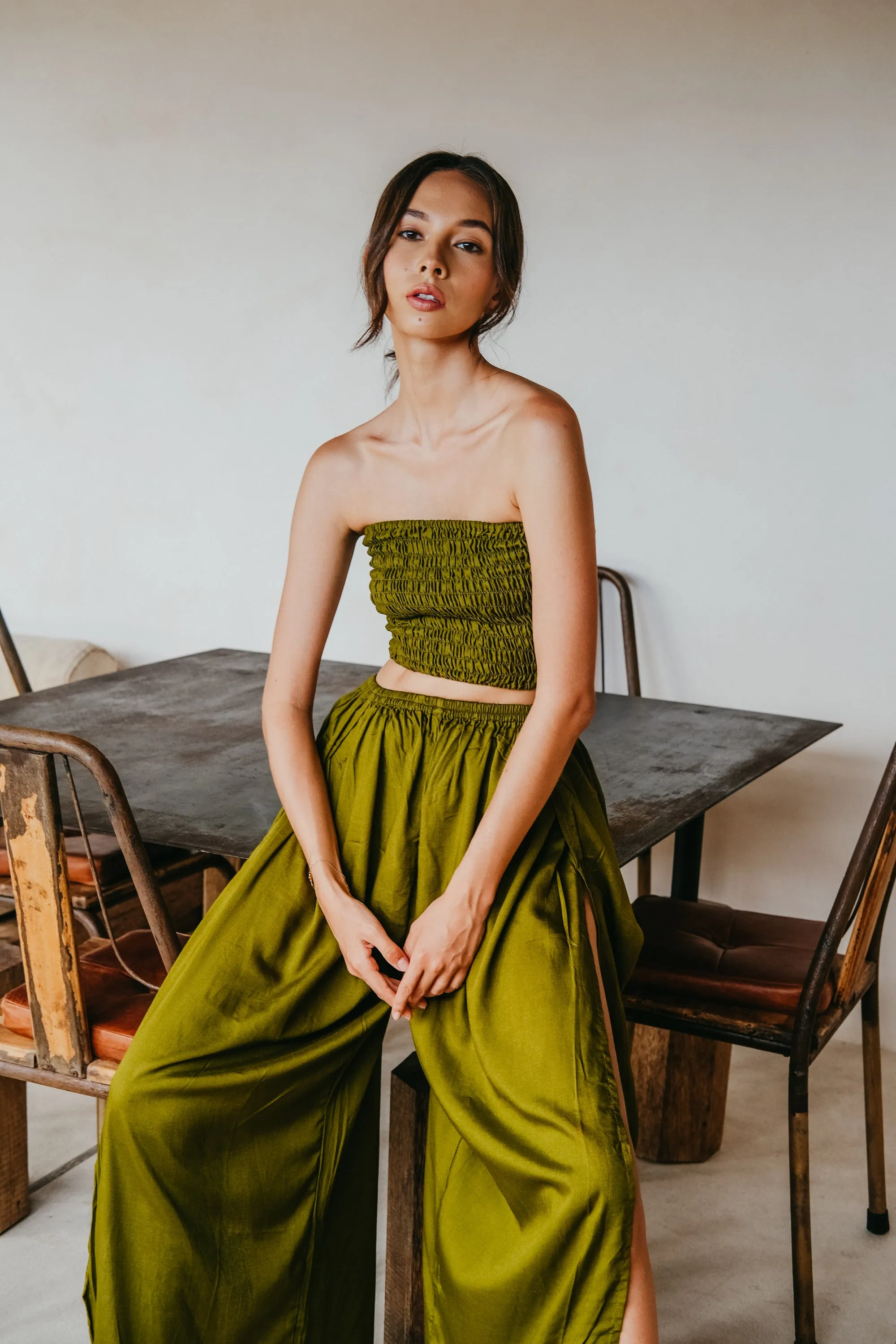 Judith Side Split Pants With Matching Tube Top Set in Olive