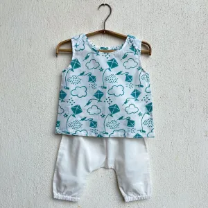 Kids Unisex Organic Cotton Patang Print Teal Jhabla Top and White Pants