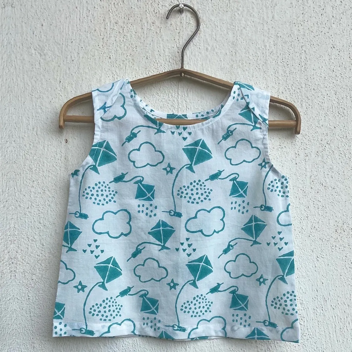 Kids Unisex Organic Cotton Patang Print Teal Jhabla Top and White Pants