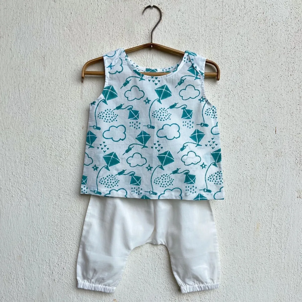 Kids Unisex Organic Cotton Patang Print Teal Jhabla Top and White Pants