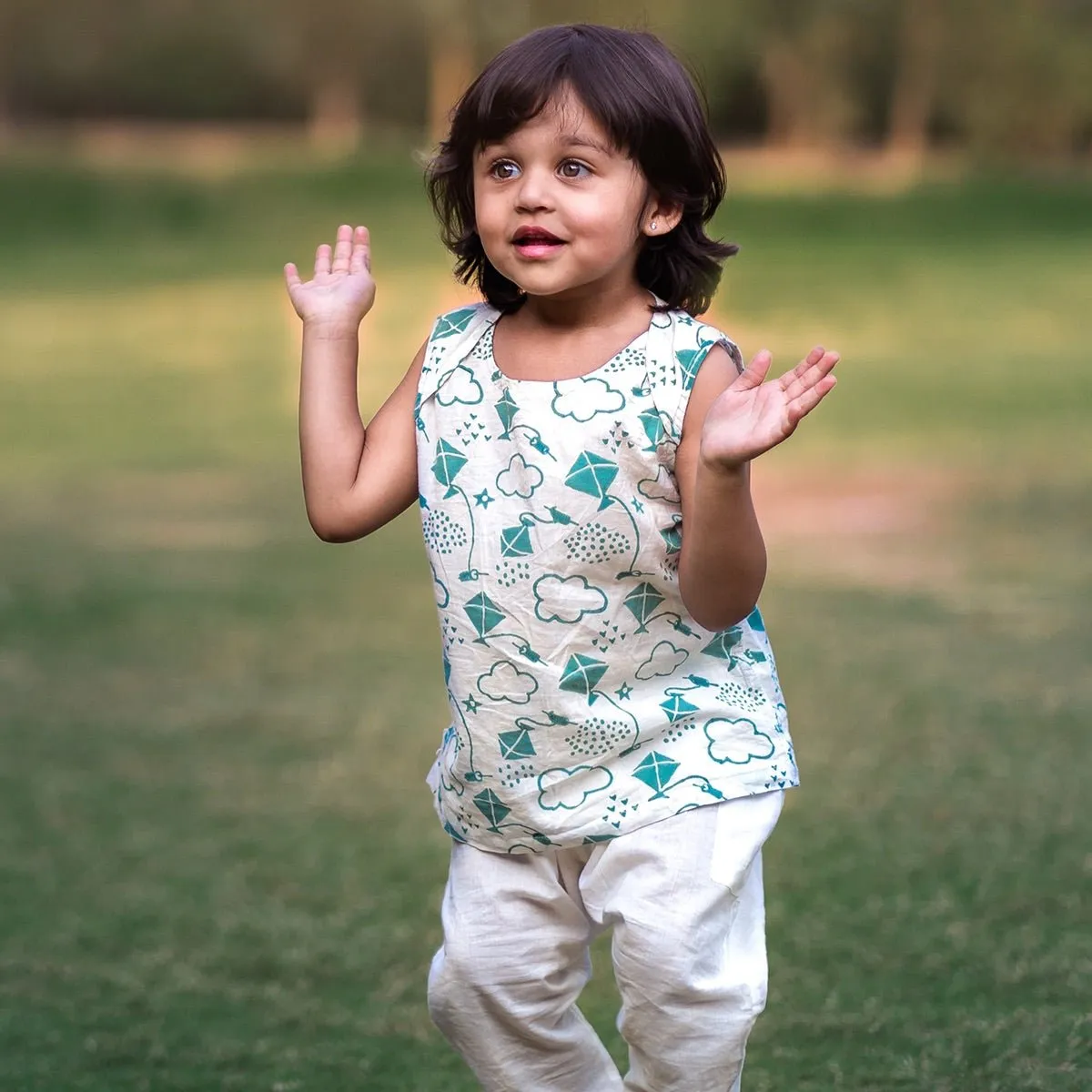 Kids Unisex Organic Cotton Patang Print Teal Jhabla Top and White Pants