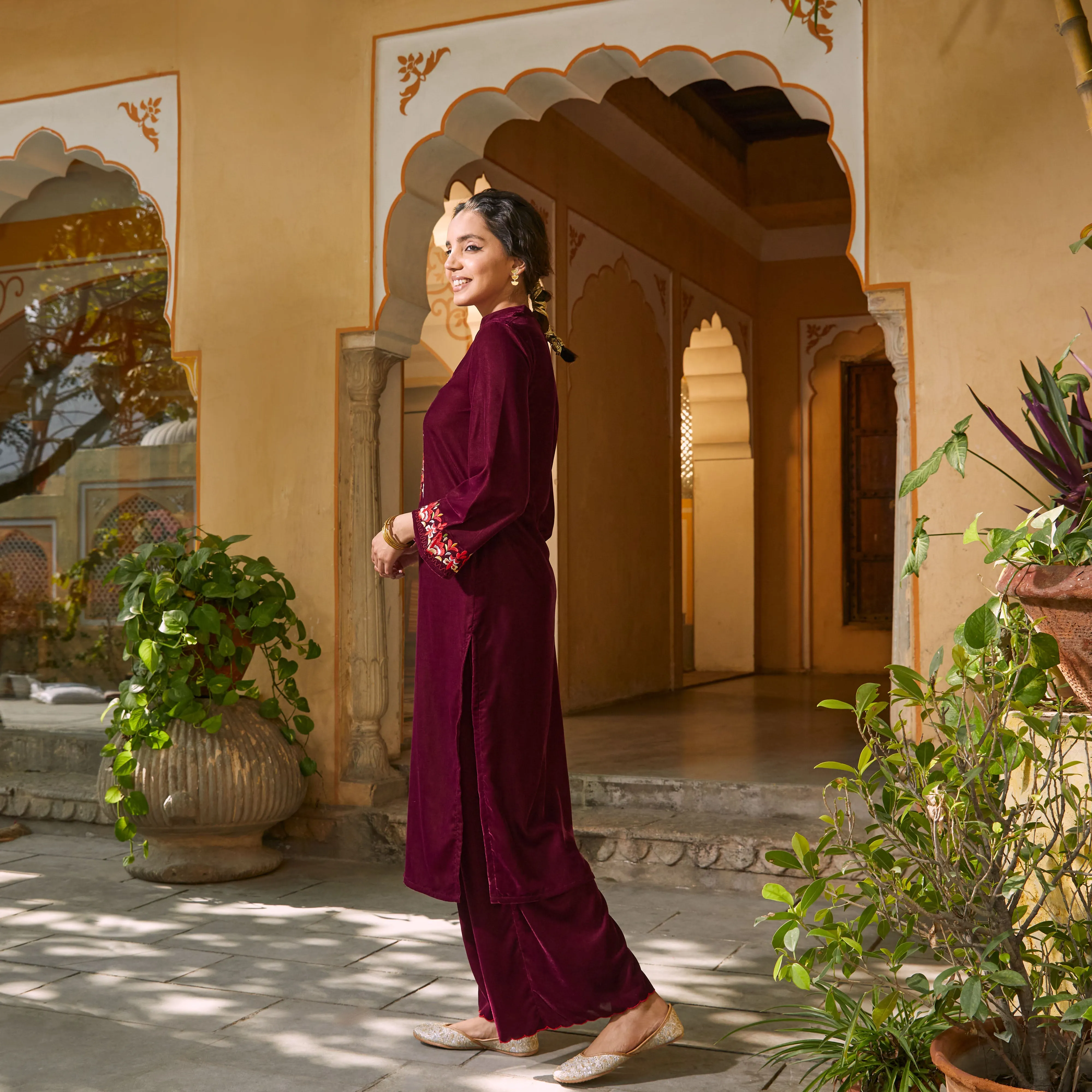 Magenta Velvet Floral Embroidered Kurta