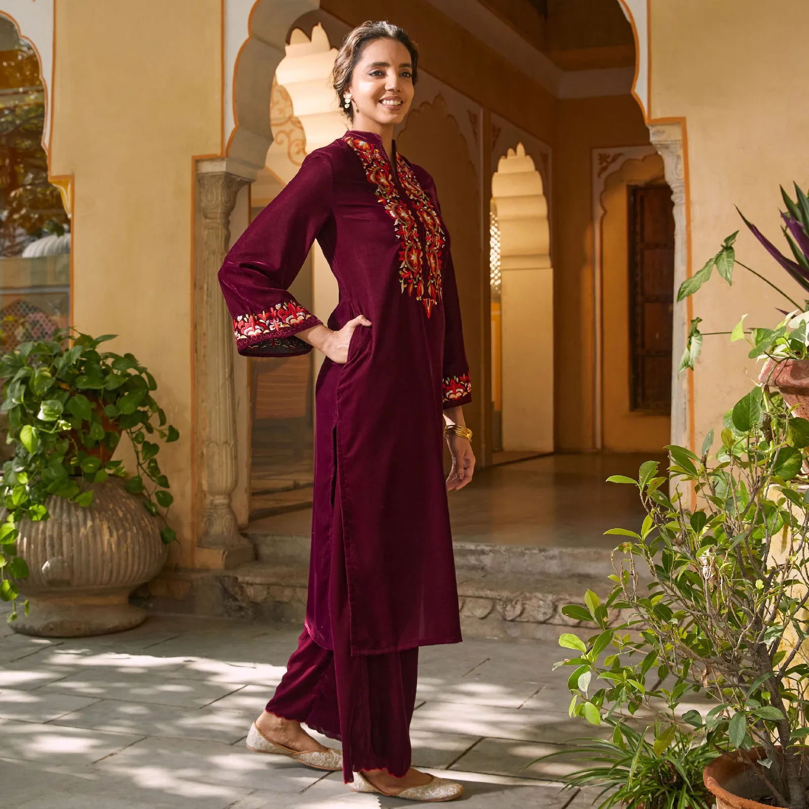 Magenta Velvet Floral Embroidered Kurta