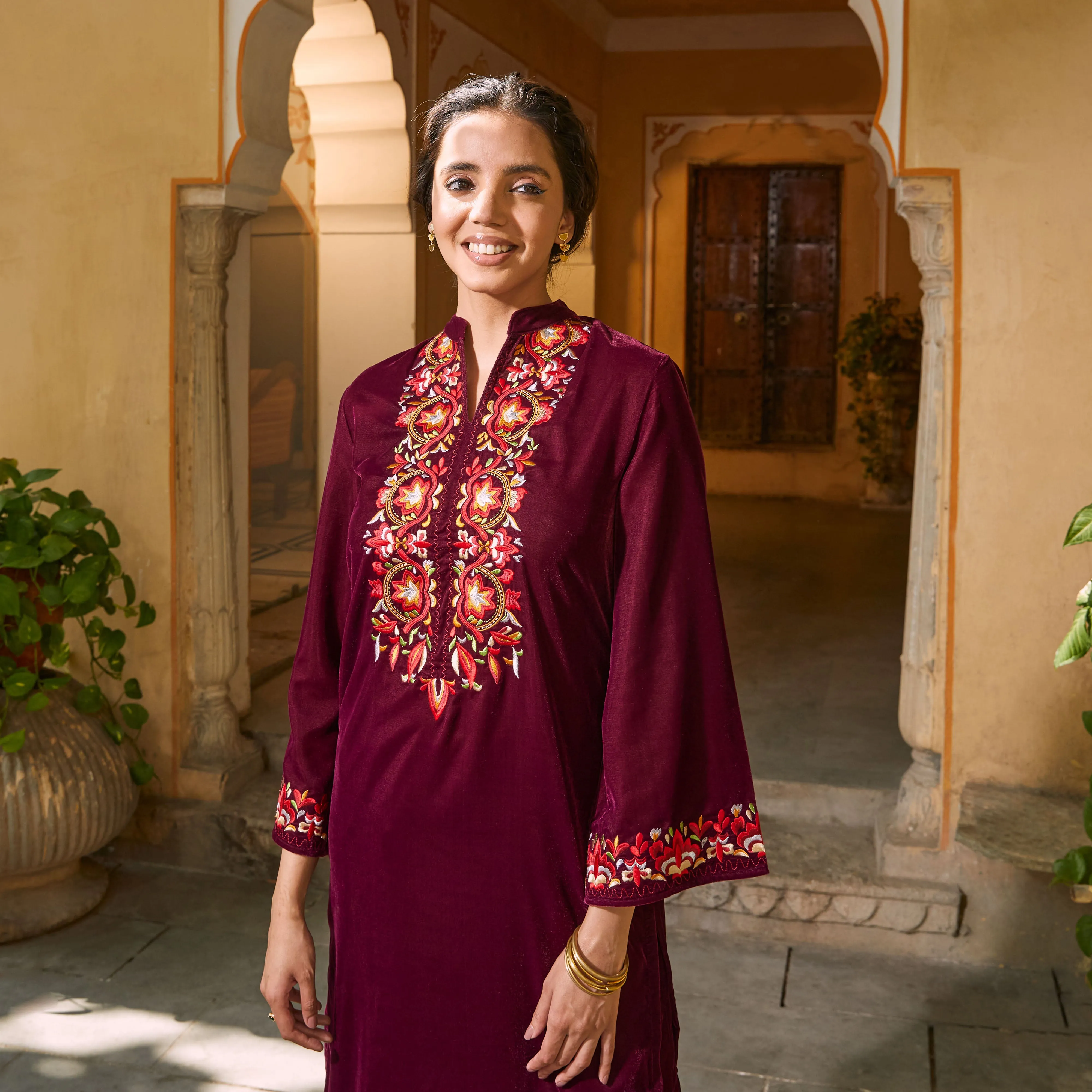 Magenta Velvet Floral Embroidered Kurta