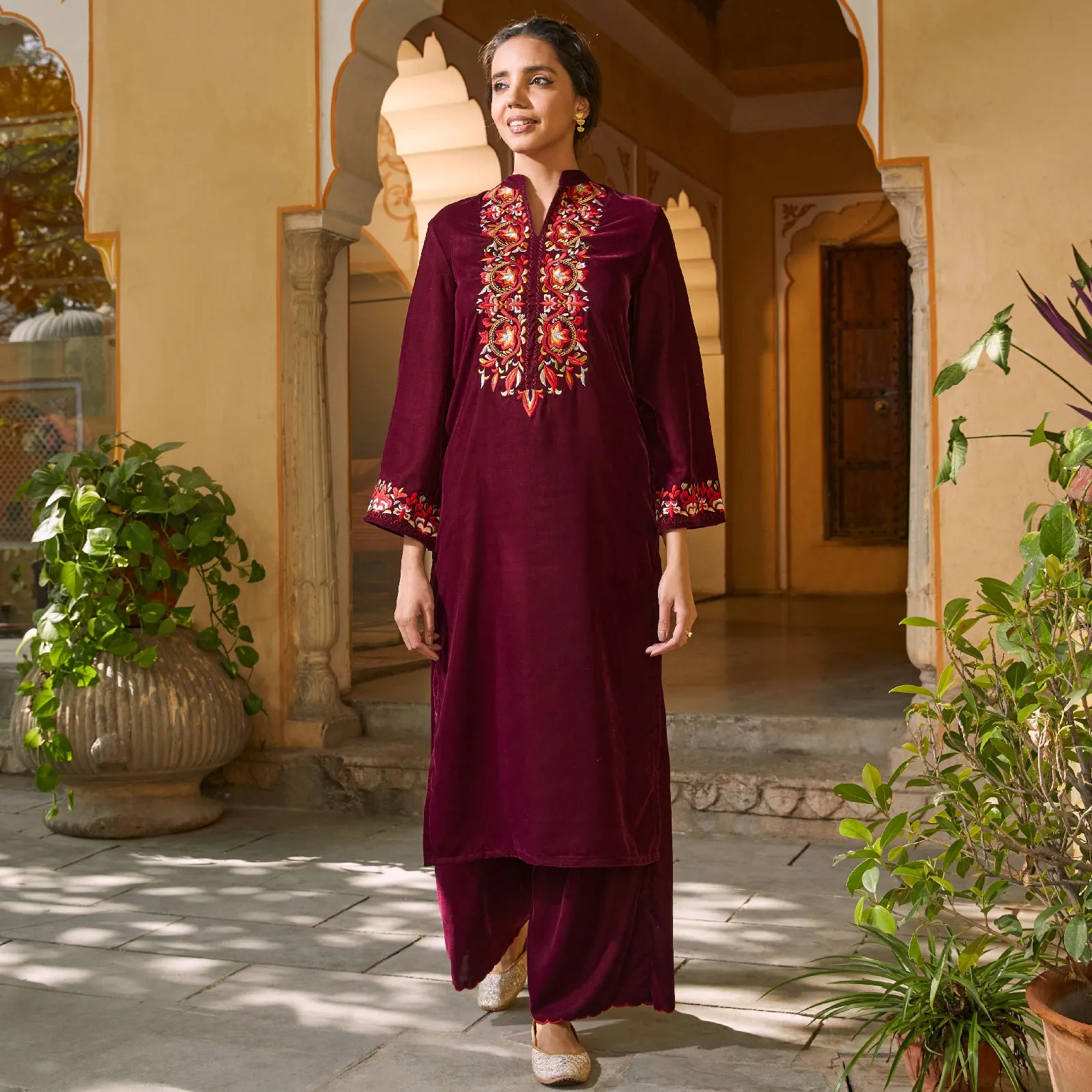 Magenta Velvet Floral Embroidered Kurta