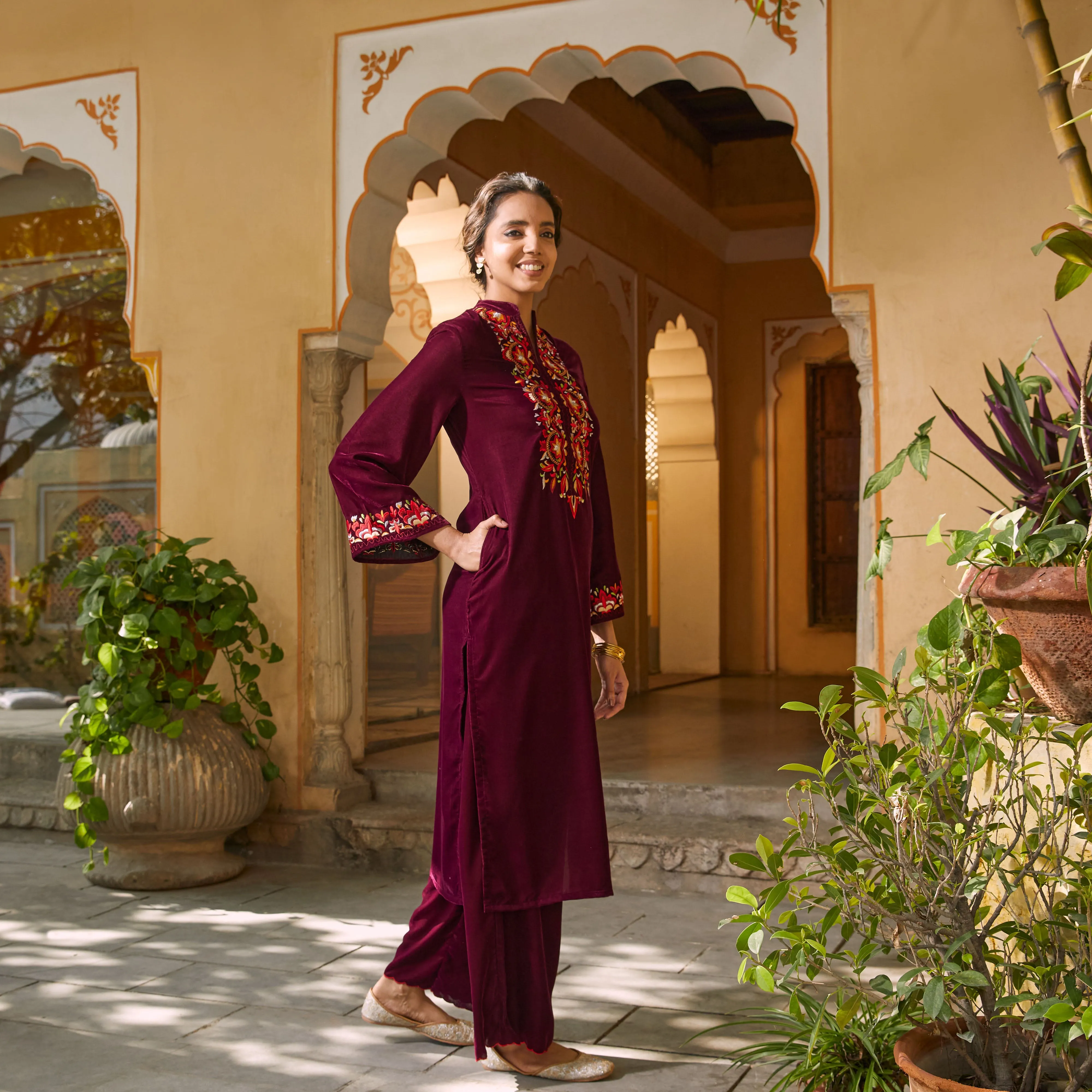 Magenta Velvet Floral Embroidered Kurta