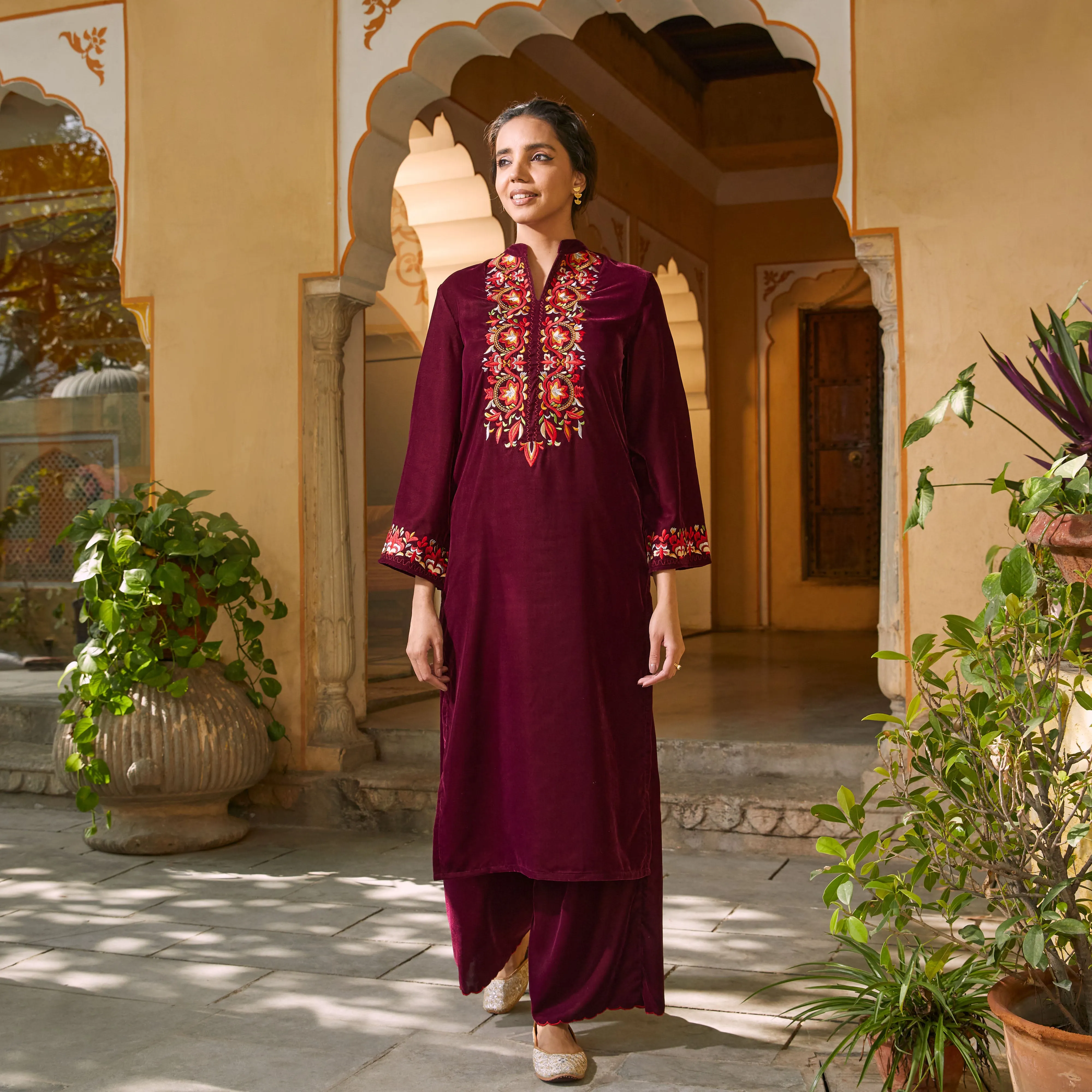 Magenta Velvet Floral Embroidered Kurta