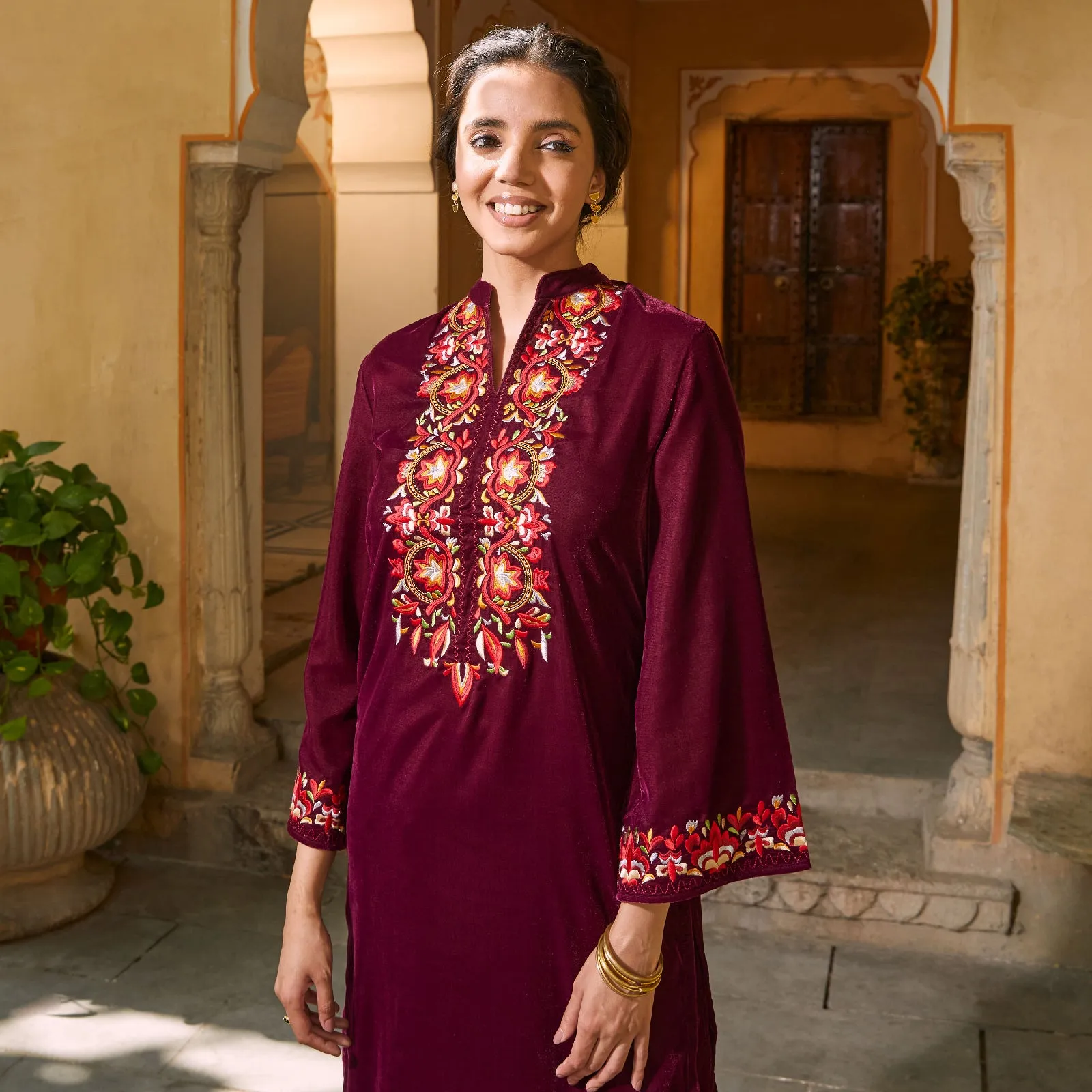 Magenta Velvet Floral Embroidered Kurta