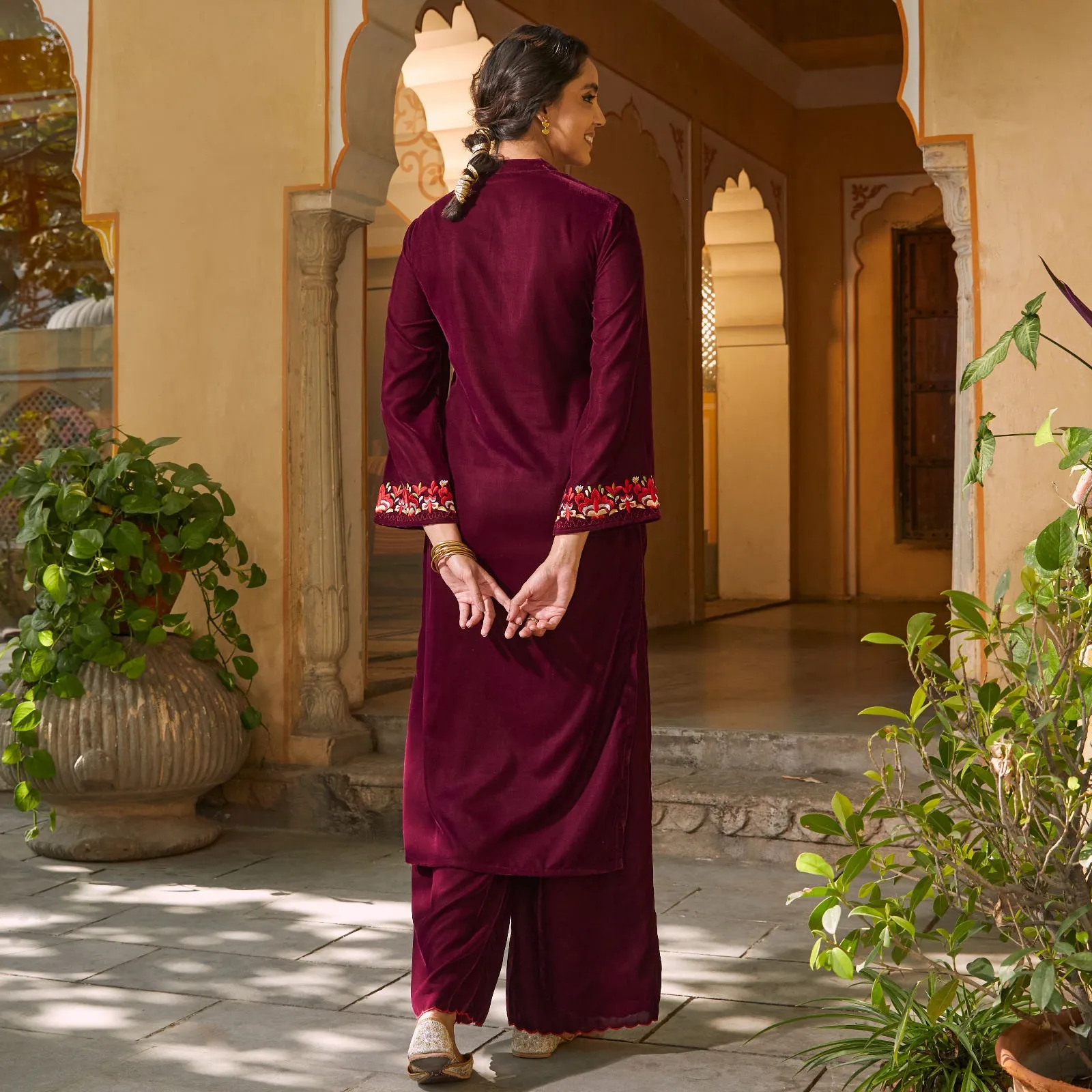 Magenta Velvet Floral Embroidered Kurta