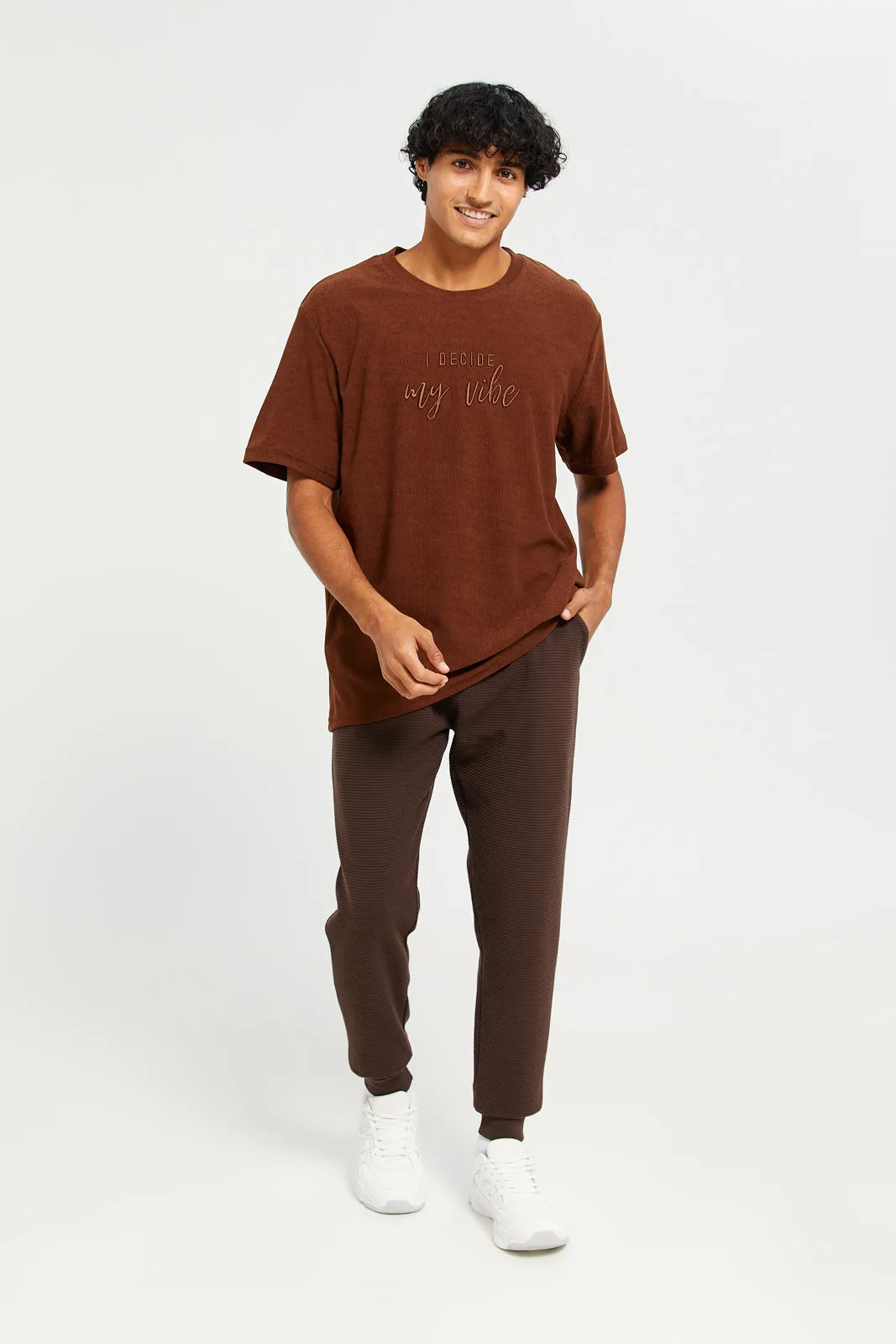 Men Brown Ribbed Jogger Pants