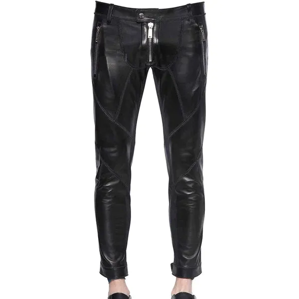 Men’s Lambskin Leather Stylish Pants with Zipper Details MP40