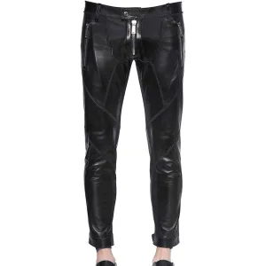 Men’s Lambskin Leather Stylish Pants with Zipper Details MP40