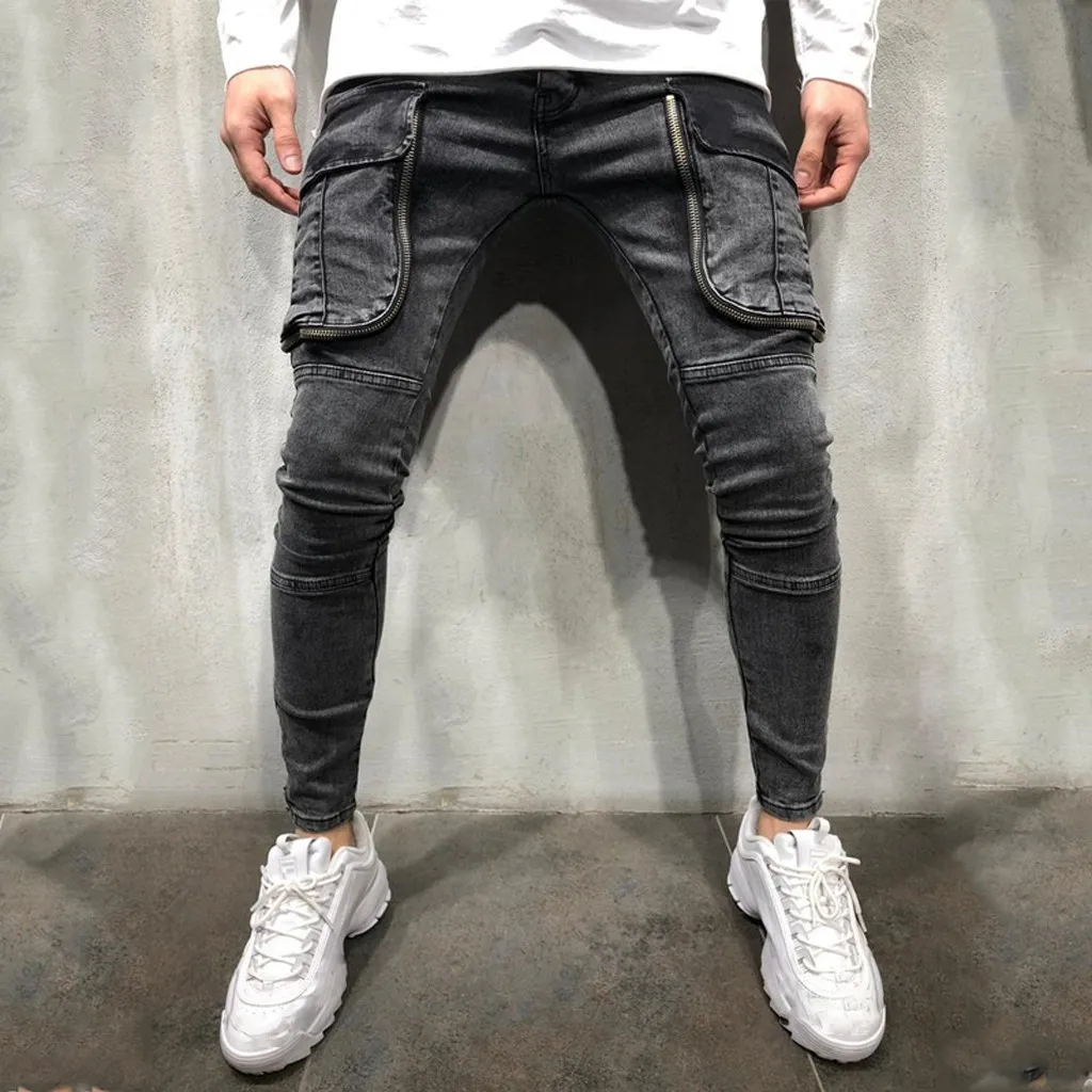 Men's Stylish Multi-Pocket Slim-Fit Ripped Jeans