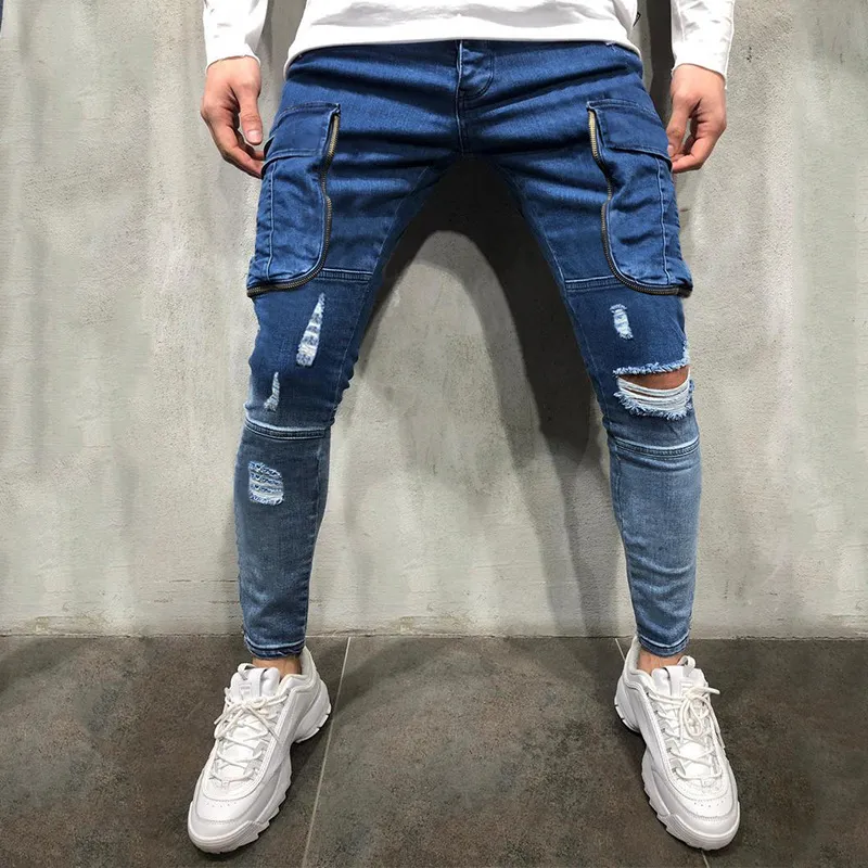 Men's Stylish Multi-Pocket Slim-Fit Ripped Jeans