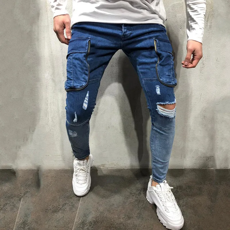 Men's Stylish Multi-Pocket Slim-Fit Ripped Jeans