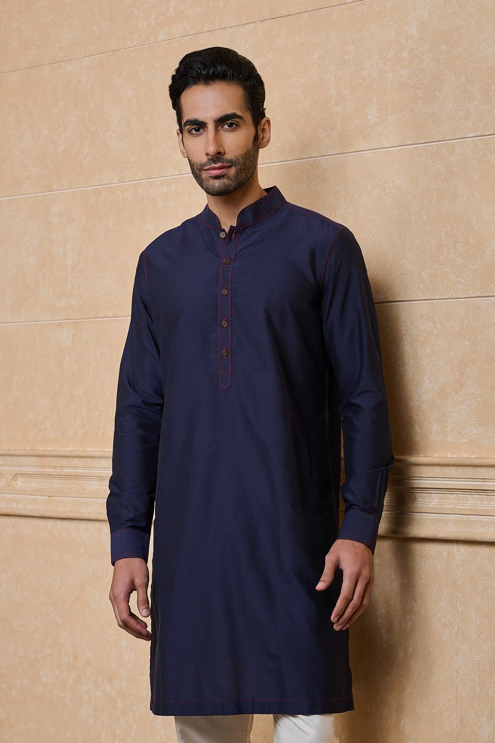 Navy Kurta With Top Stitch Detailing