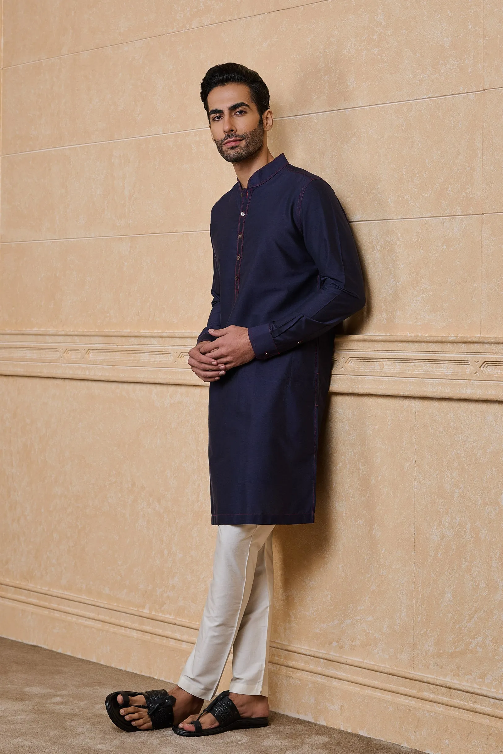 Navy Kurta With Top Stitch Detailing