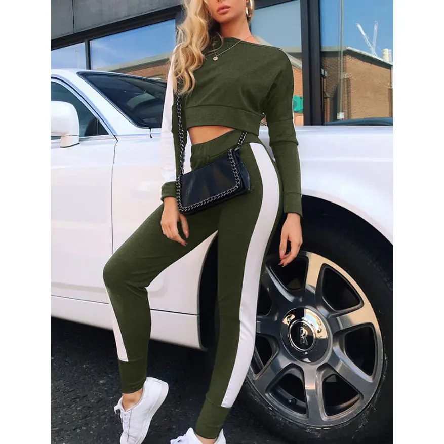 One Shoulder Side Stripe Crop Sweater & Jogger Pants Sports Set