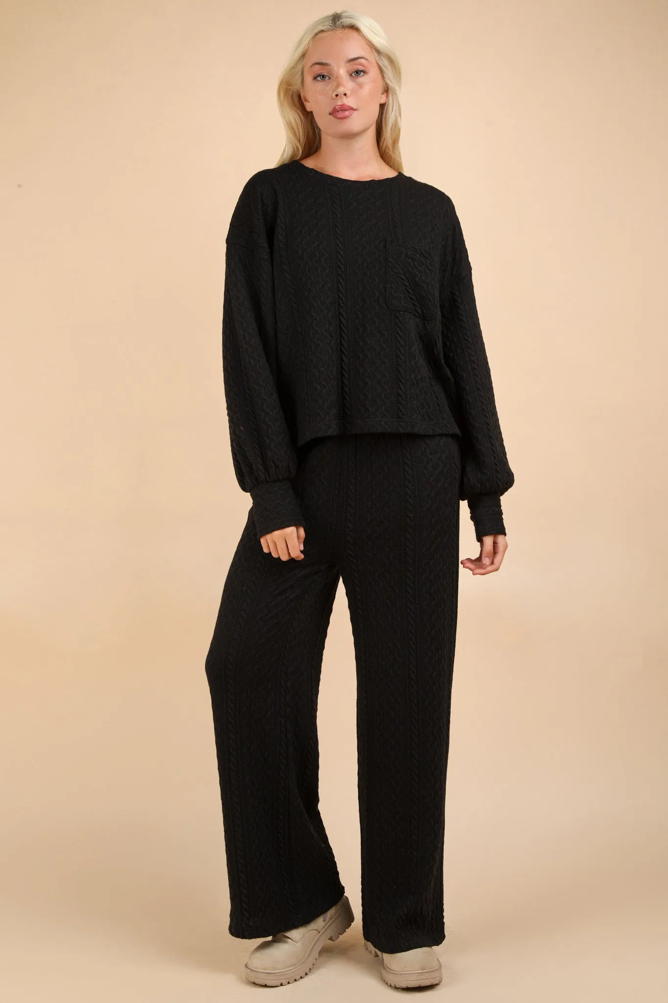 Oversized Black Cable Knit Pant Set