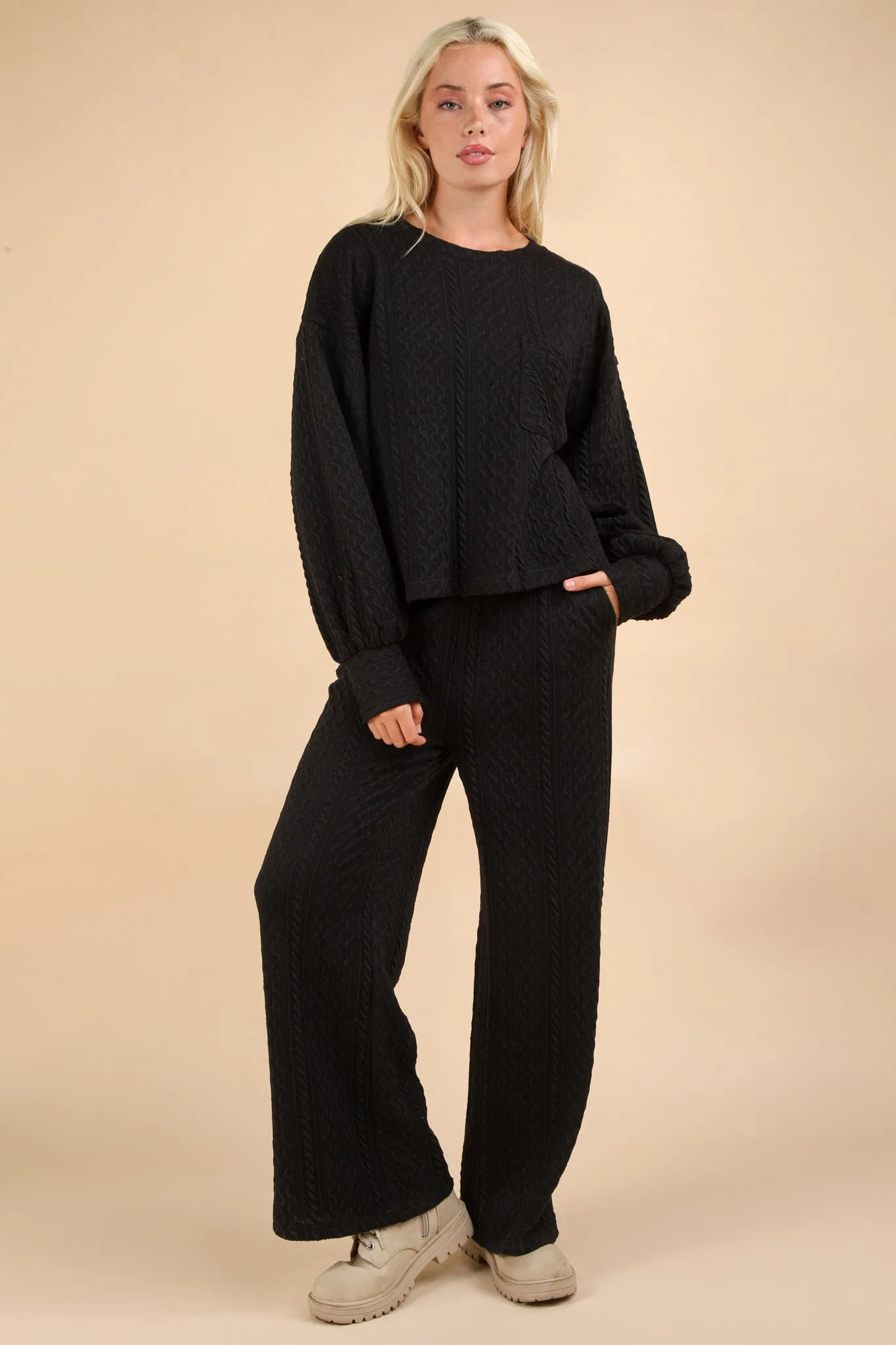 Oversized Black Cable Knit Pant Set