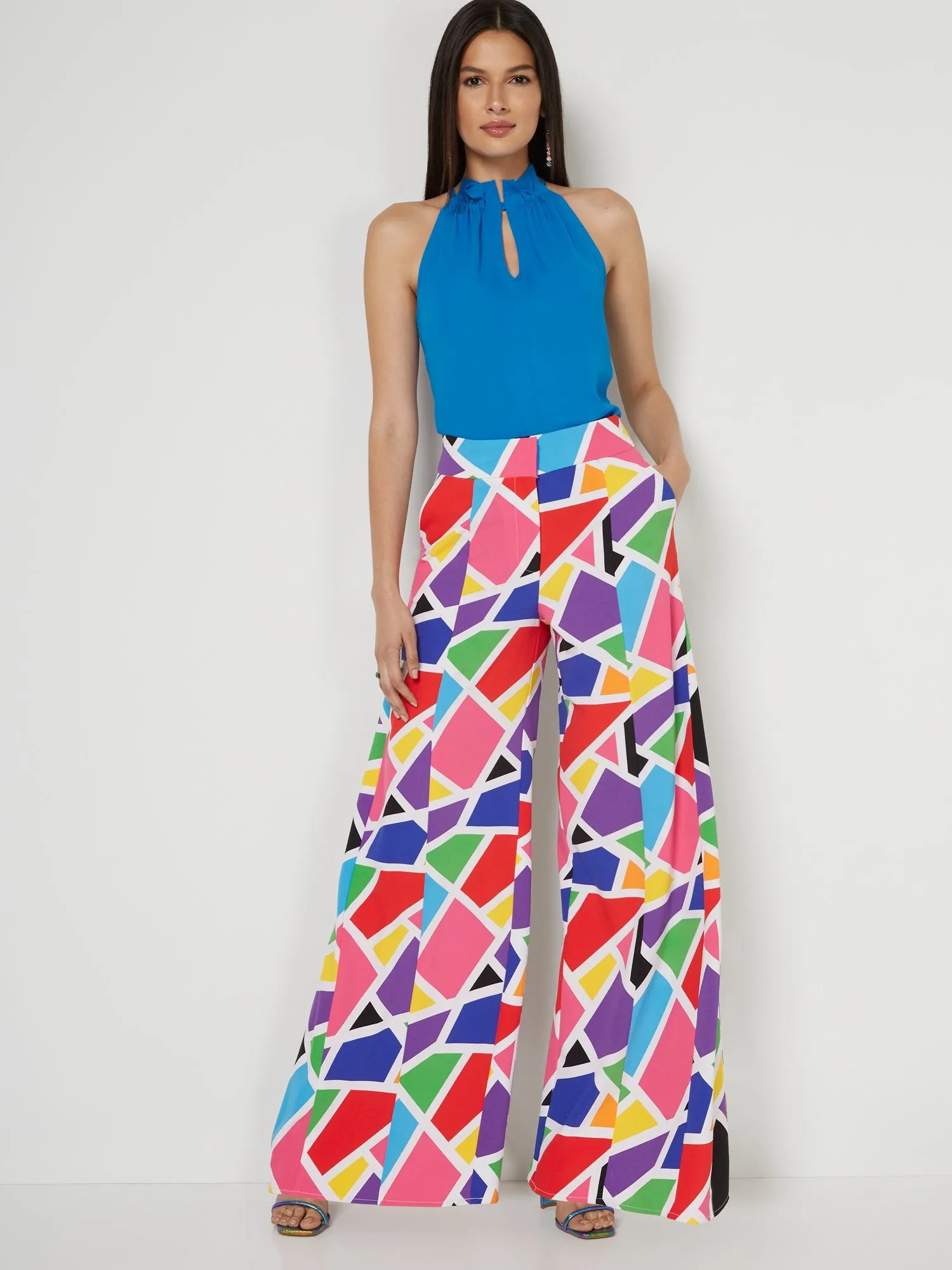 Petite Geometric-Print High-Waisted Wide-Leg Pant