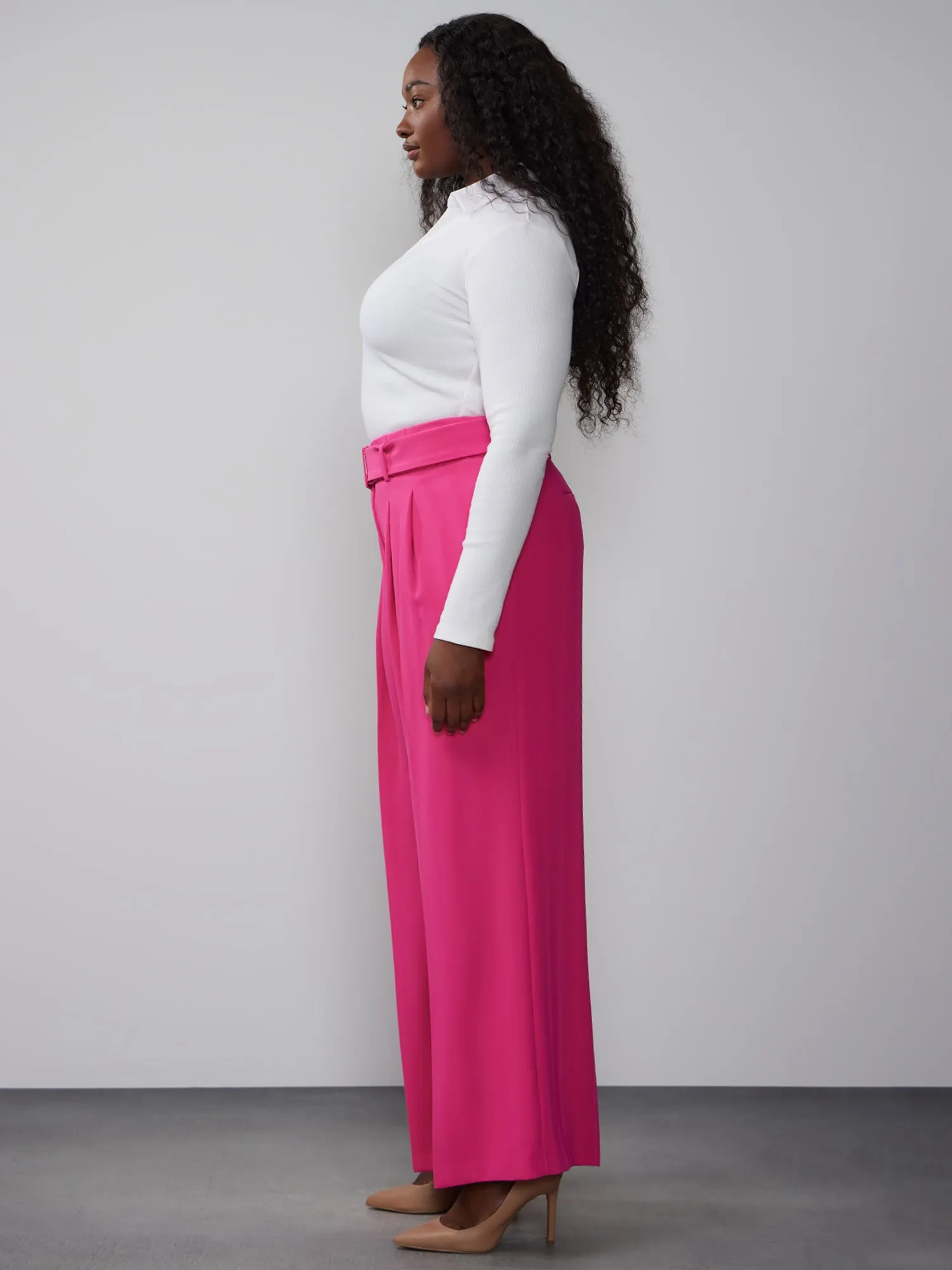 Plus Belted Crepe Wide Leg Pant