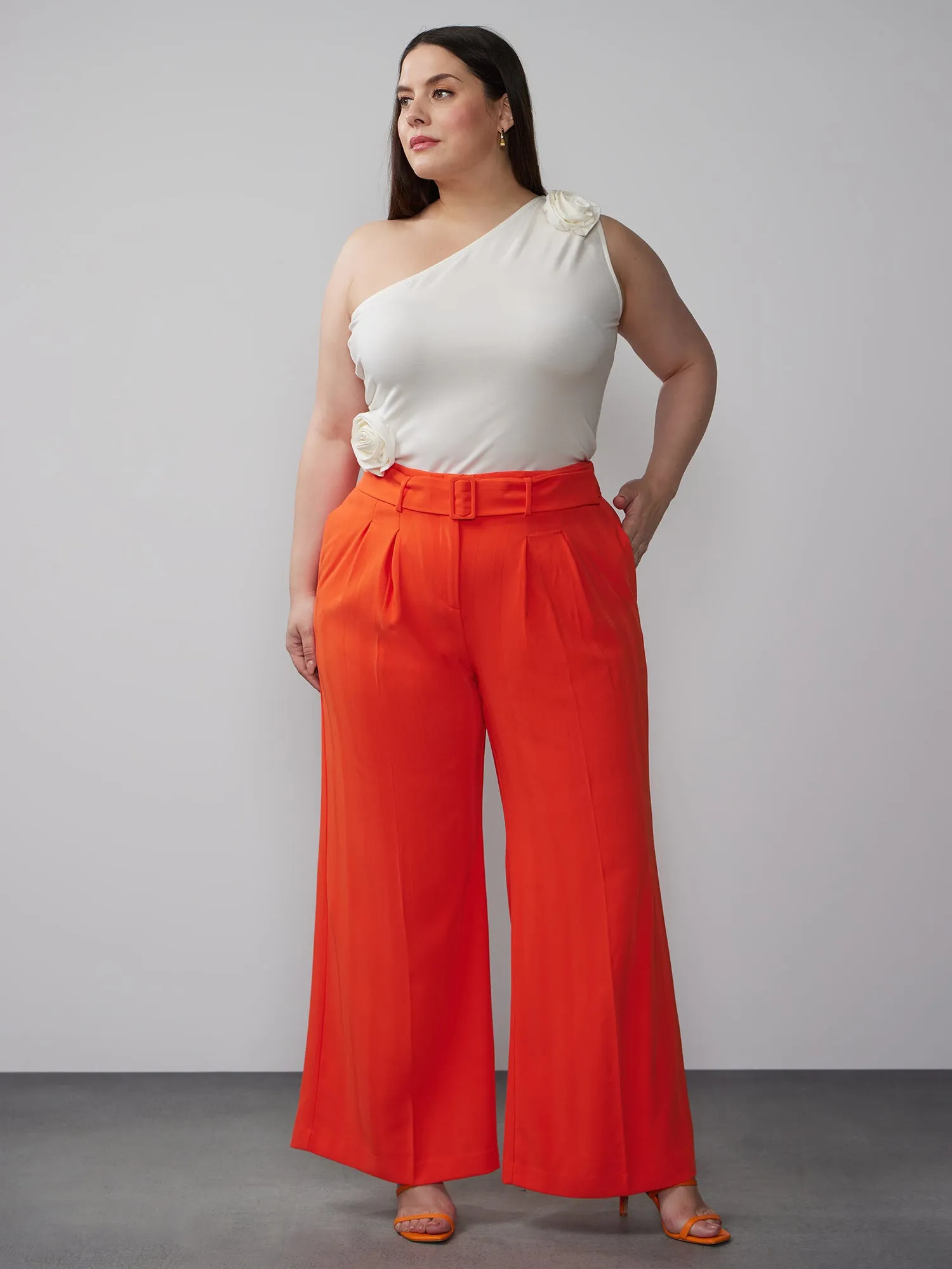 Plus Belted Crepe Wide Leg Pant