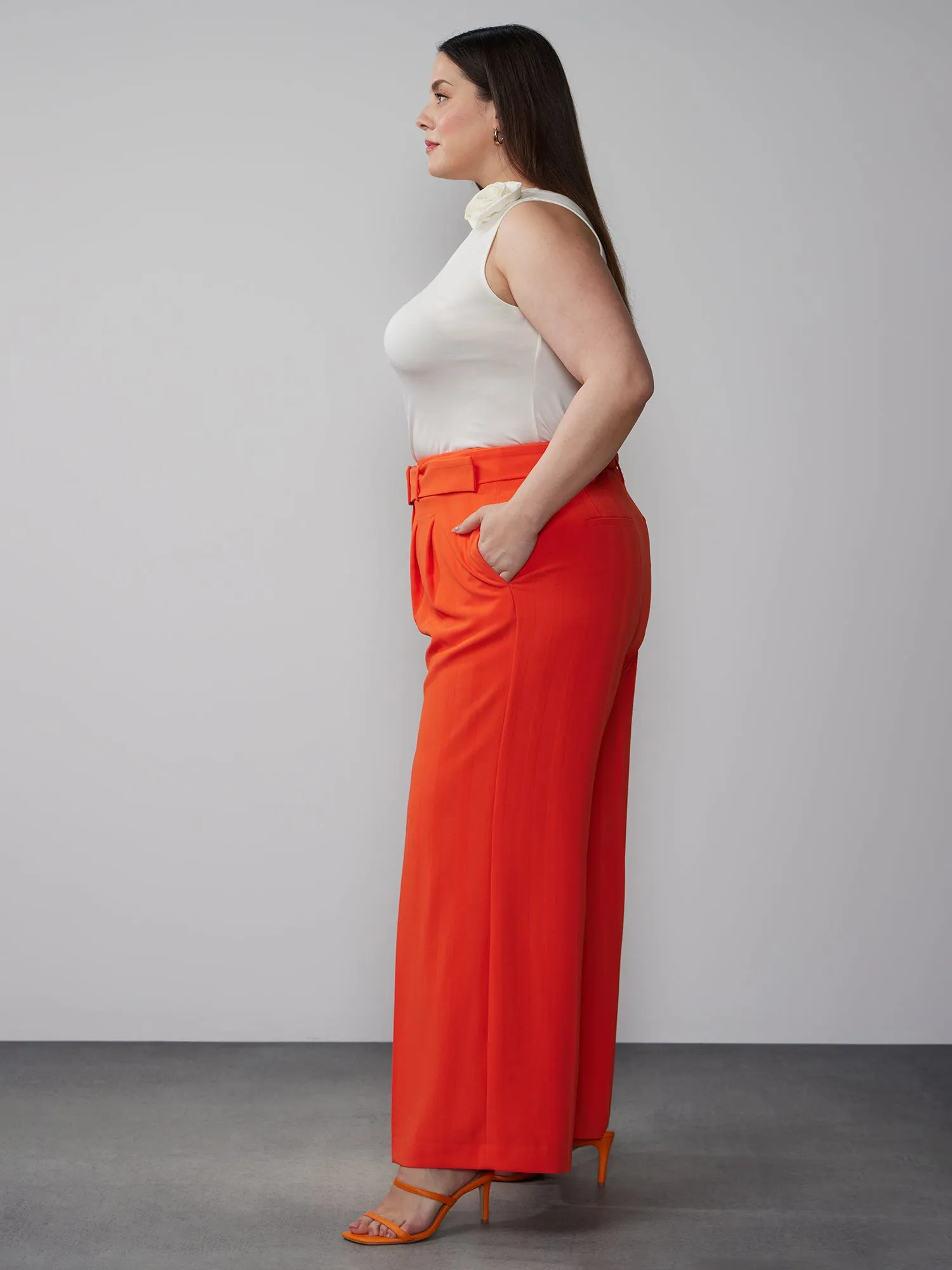 Plus Belted Crepe Wide Leg Pant