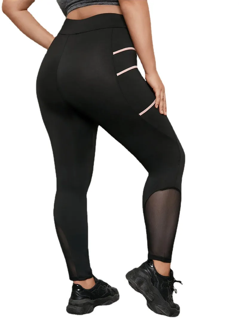 Plus Size Striped Mesh Patchwork Design Leggings