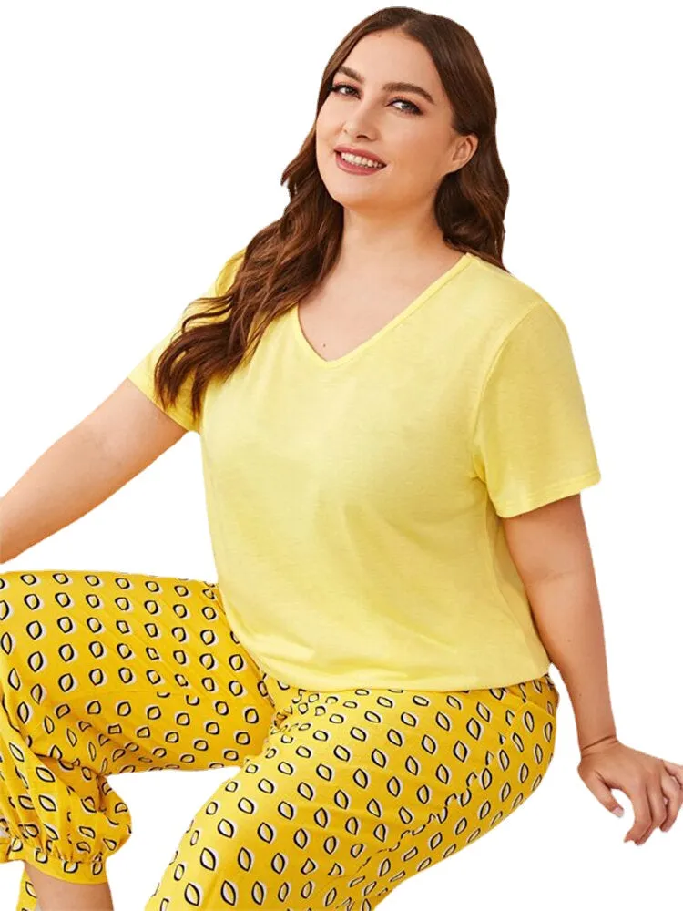 Plus Size Women Solid Color V-Neck Top Print Drawstrig Tie Beam Feet Long Pants Home Pajama Sets