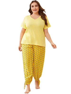 Plus Size Women Solid Color V-Neck Top Print Drawstrig Tie Beam Feet Long Pants Home Pajama Sets