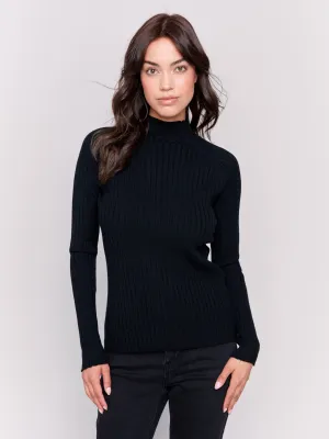 Ribbed Knit Mock Neck Sweater - Black